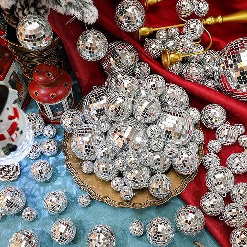 Miniatura 2 de 100 bolas de discoteca con espejo, decoraciones de diferentes tamaños, bolas de discoteca plateadas a granel, adornos colgantes para árbol de