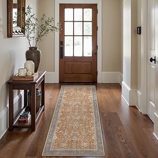 2x5 Runner Rug Non Slip, Machine Washable Rug Runners for Hallways, Boho Vintage Distressed Chenille Print Kitchen Runner, Low Pile Thin Lightweight Rugs for Entryway, Bedroom, Laundry, Orange