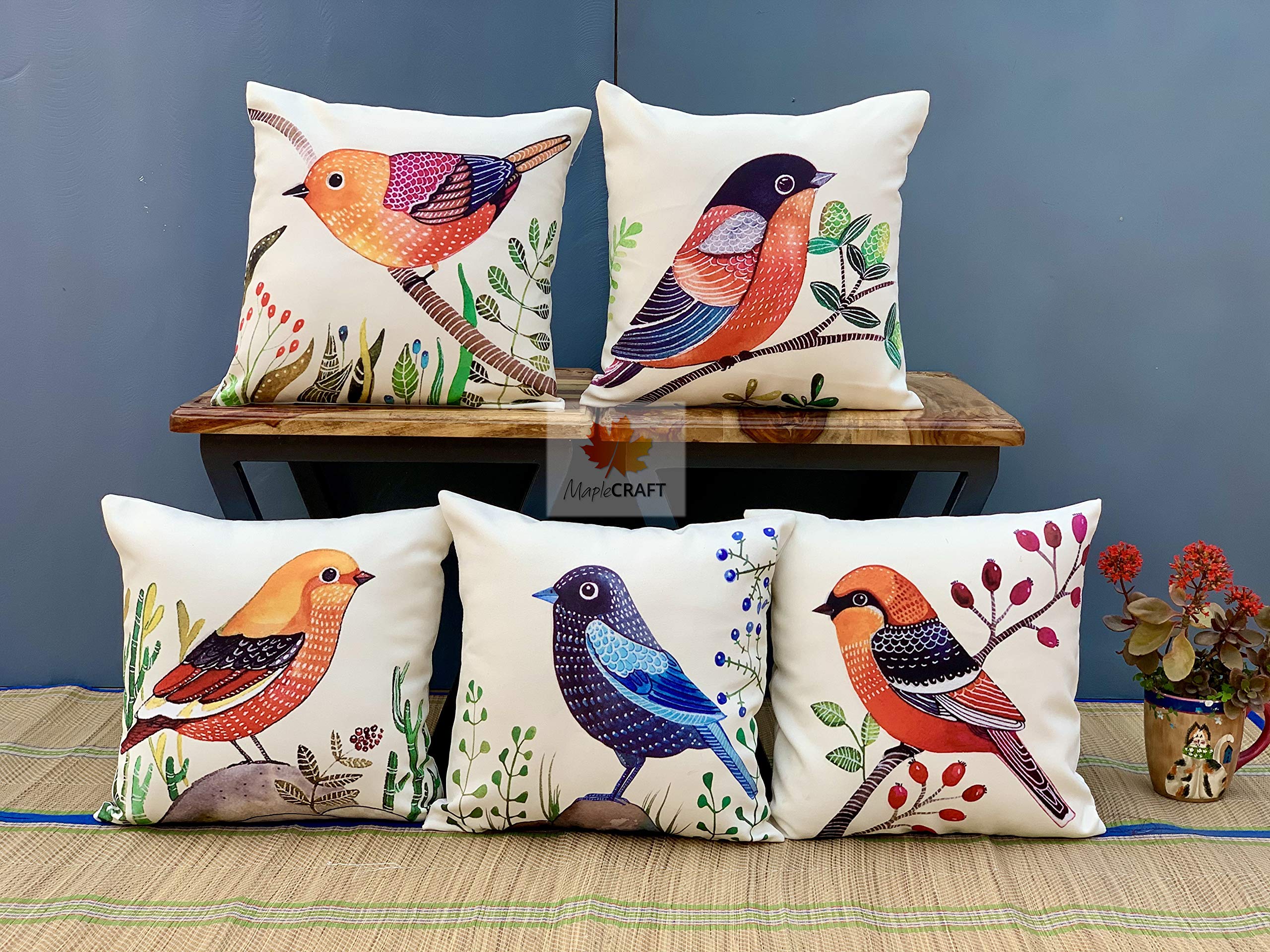 Maple Craft 5 Bird Canvas Cotton Cushion Cover 16X16 inches, Set of 5 Pieces, Multicolour-image-30