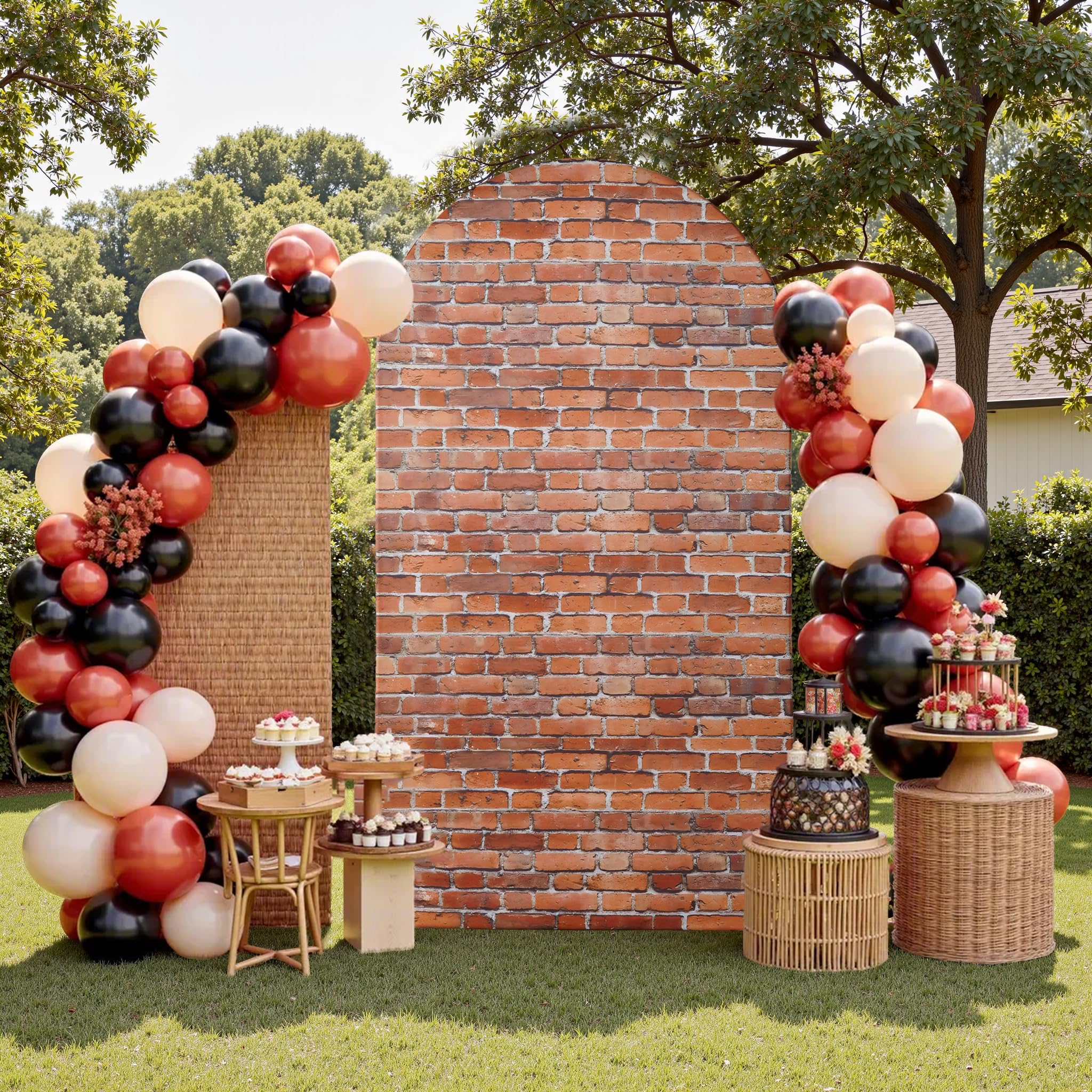 gogoparti 6.6FT Red Brick Print Arch Cover – Wrinkle Free Spandex Backdrop Round Top Chiara Arch Cover for Cow Theme Party, Birthday, Baby Shower,