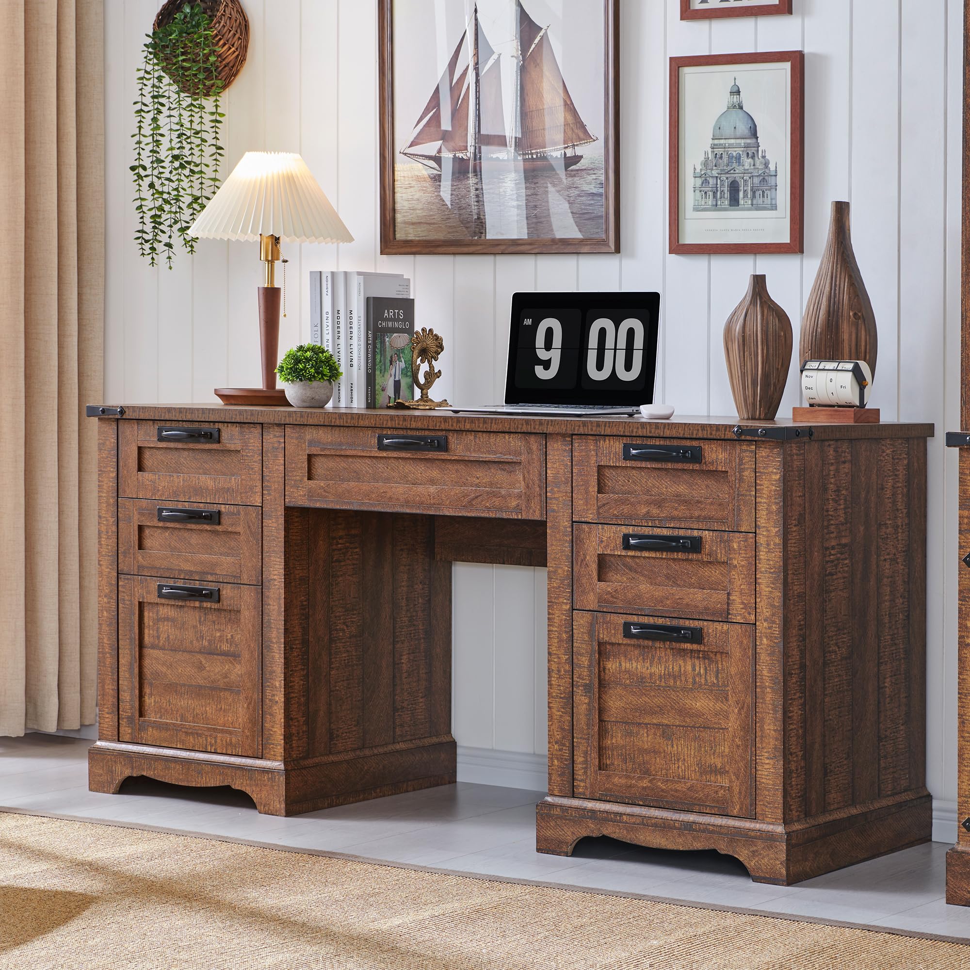 RedLemon 60" Farmhouse Executive Desk, Home Office Desk with Drawers, Charging Station, Keyboard Tray, File Drawer, Storage Cabinet, Wood Rustic