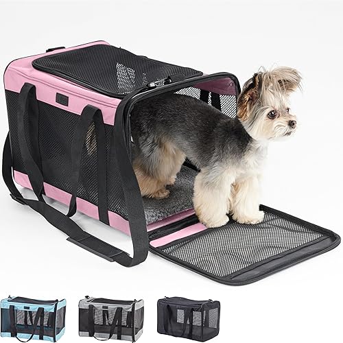 Gorilla Grip Soft Travel Dog Cat Carrier Up to 15 LBS, Portable Airline Pet Carriers with Two Openings, Scratch Resistant Mesh Comfortable Waterproof Pad, Transportation Bag Small Dogs or Cats, Pink