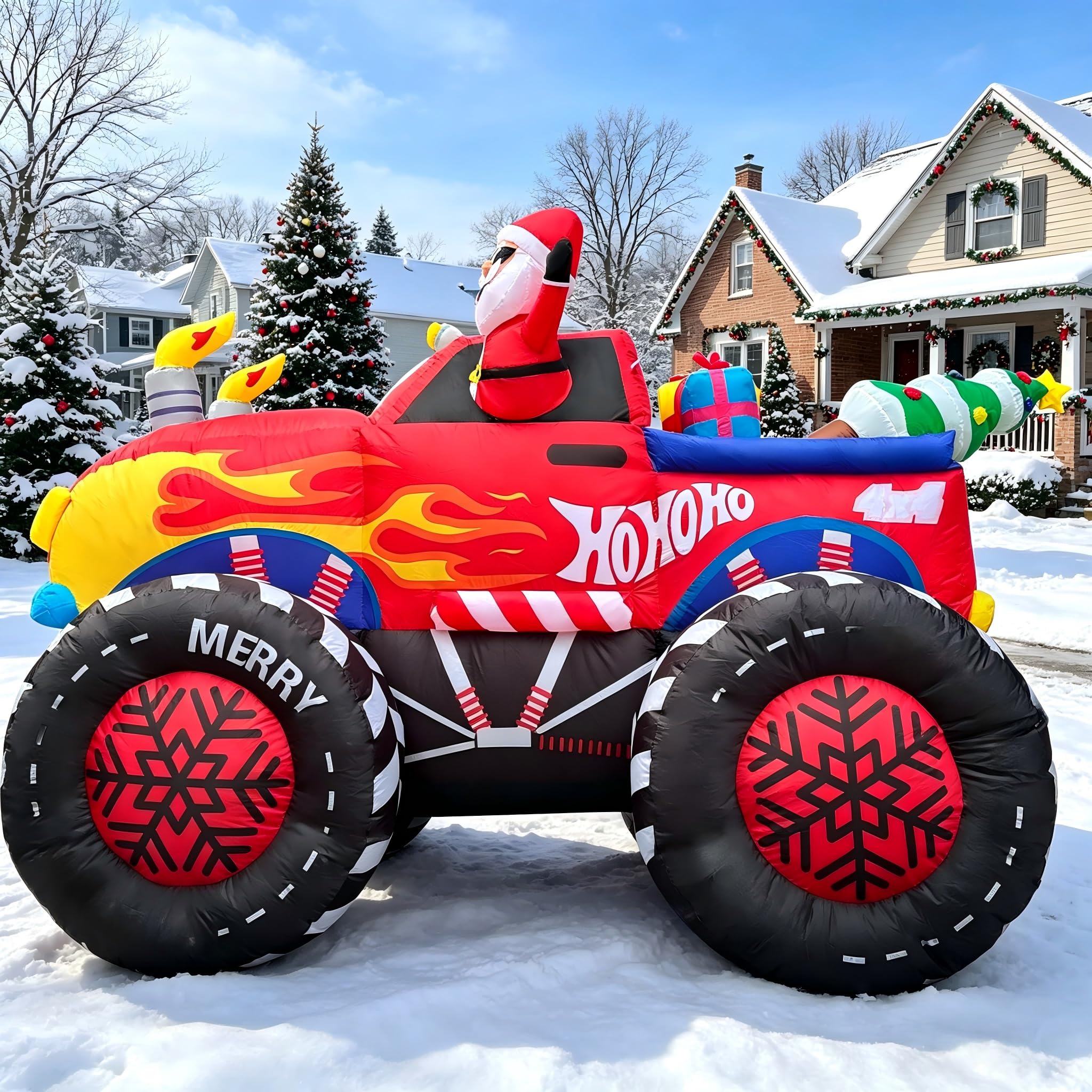 2,5 m großer aufblasbarer Weihnachtsmann-Truck: Der Weihnachtsmann mit Sonnenbrille winkt aus dem Truck, der Geschenkboxen und einen Weihnachtsbaum transportiert – perfekt für Terrasse und Garten