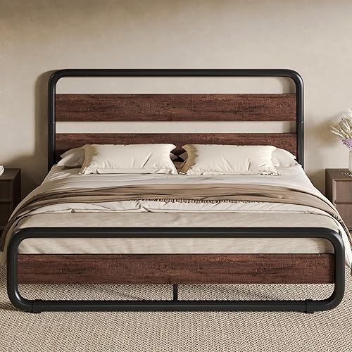 Miniatura 17 de Estructura de cama SHA CERLIN de tamaño matrimonial con cabecero y pie de cama de madera, estructura de cama de plataforma resistente con