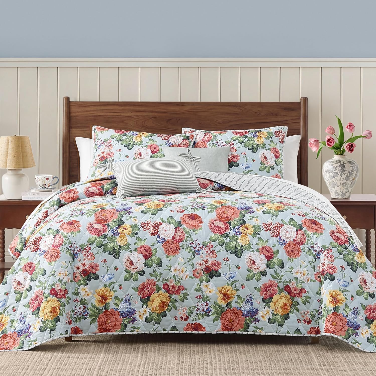 WRENSONGE Floral Quilt King Size - Reversible Botanical Flower Quilt Bedding Set Lightweight Bedspread Soft Coverlet for All Seasons (106"x94")