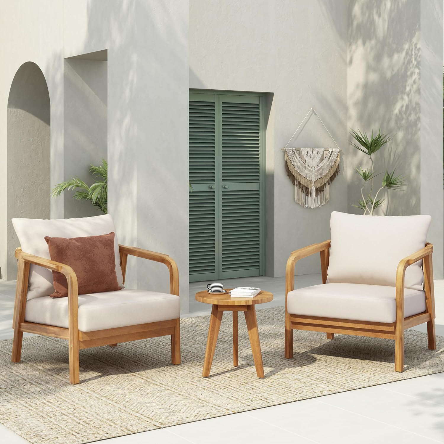 Christopher Knight Home Jenny 3-Piece Outdoor Patio Furniture Set, Set of 2 Solid Wood Frame Lounge Chair Outdoor with Cushions & Round Side Table, Patio Conversation Set for Garden, Teak