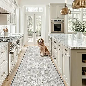 Madane Hallway Runner Rug 2'6''x12' Kitchen Runner, Non Slip Vintage Runners for Hallways Washable Kitchen Rugs Soft Low Pile 2.5x12 ft Rug Runner for Laundry Room, Entryway and Bedroom, Ivory/Brown