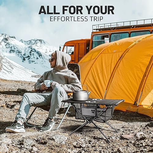 Miniatura 6 de ZUNE LOTOO Mesa de camping portátil plegable, pequeña mesa de playa plegable con soporte para bebidas y bolsa de almacenamiento de malla y bolsa de