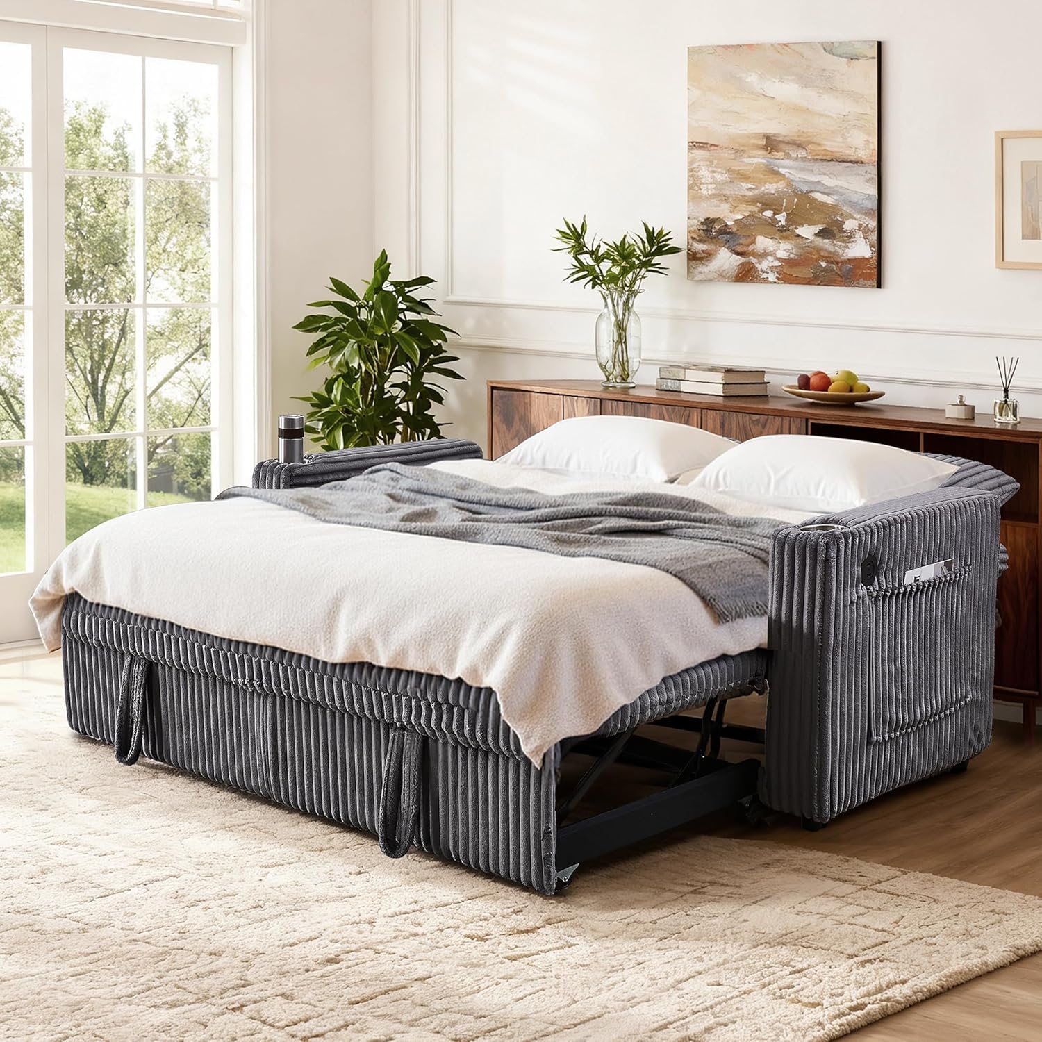 65in Sleeper Sofa Bed, Convertible Pull Out Couch with Small Table| USB Port | Cup Holder | Corduroy Fabric | Adjustable Backrest for Apartment, Office, Bedroom, Guest Room (AshGrey)