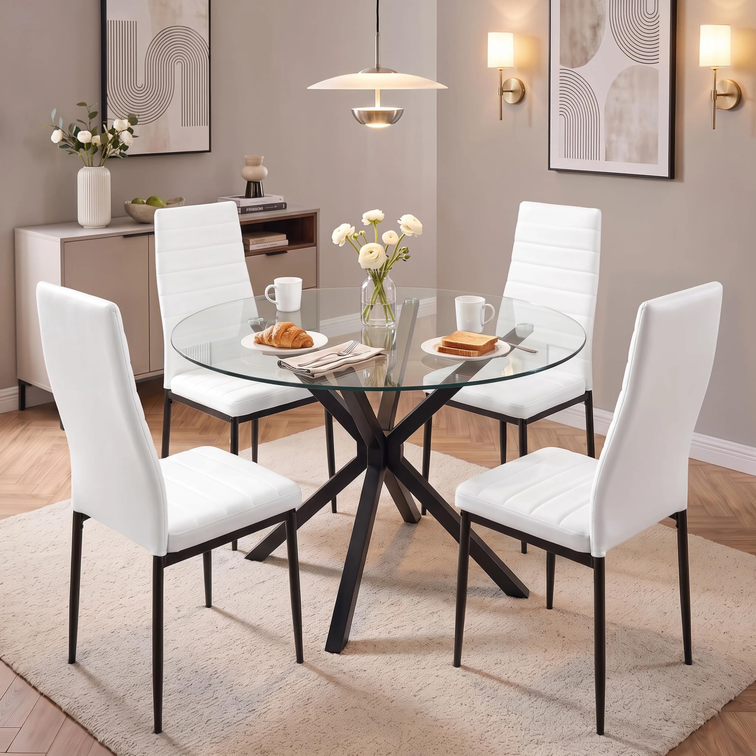 Blisswood Dining Table and Chairs Set 4, Round Glass Dining Table with 4 Seater High Back PU Leather Chairs, 90cm Kitchen Table and Chairs Set, Modern Dining Room Furniture for Small Spaces (White)