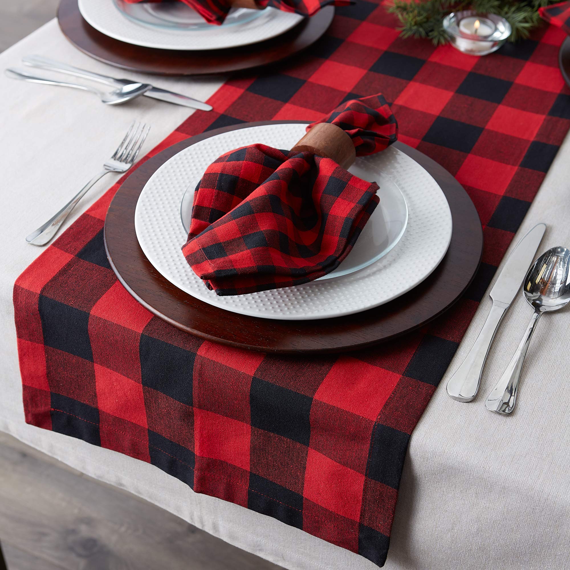 DII Cotton Buffalo Check Table Runner for Family Dinners or Gatherings, Indoor or Outdoor Parties, Everyday Use (14x108", Seats 8-10 People), Red & Black 3