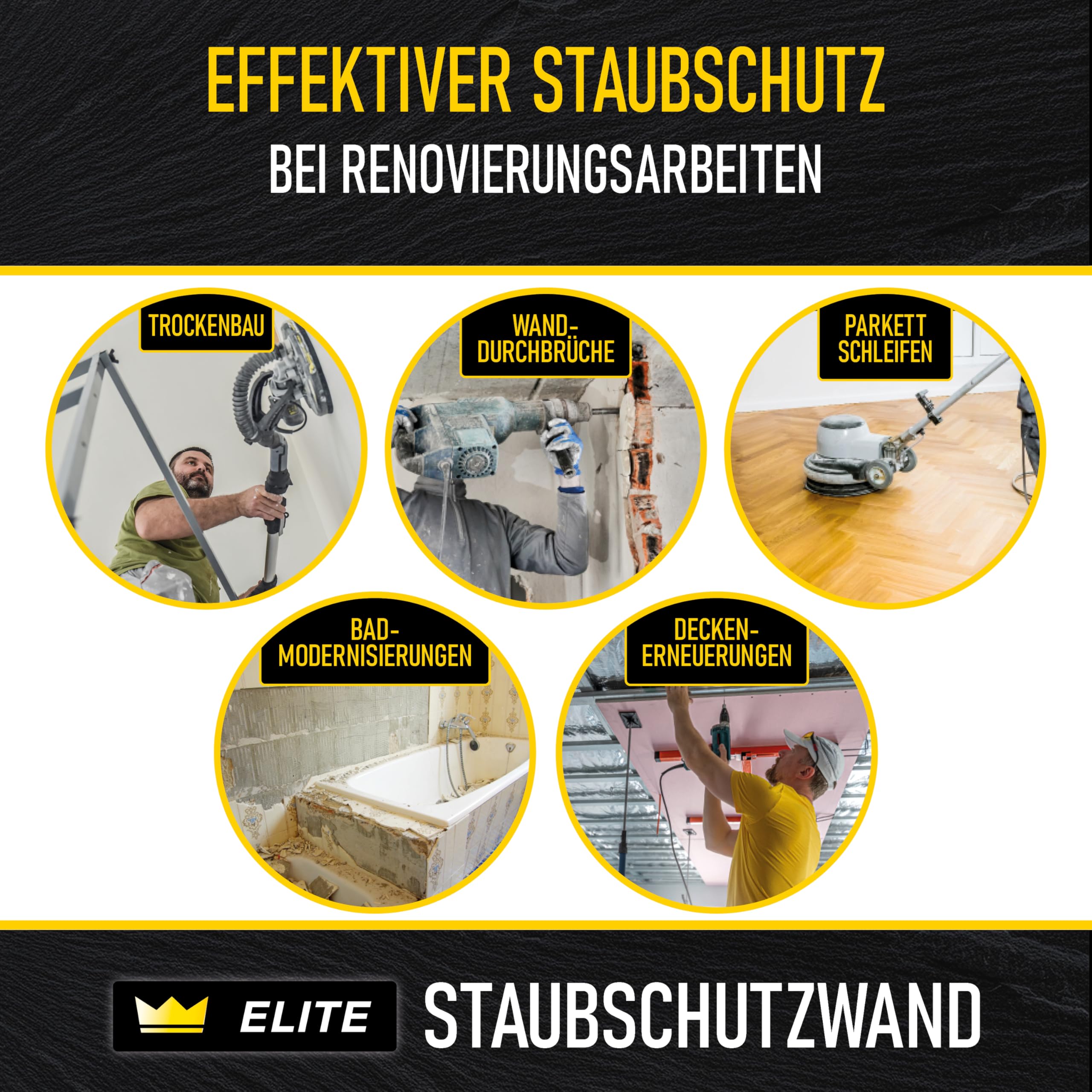 ELITE Staubschutzwand – 3,3 m x 3,2 m Profi-Qualität mit Transportbeutel und 2 Rollen Spezial-Klebeband, atmungsaktiver Vliesstoff, inkl. weißem Cuttermesser, Bautür, Staubschutztür, Schmutzschleuse