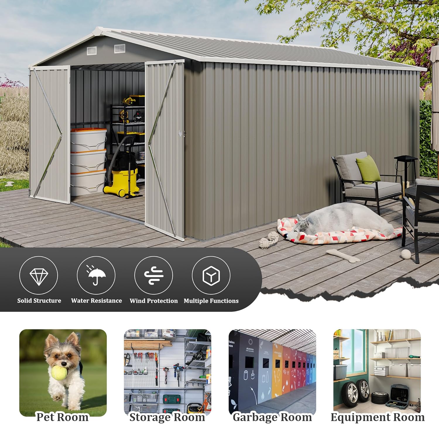 10 x14 FT Outdoor Storage Shed, Extra Large Metal Garden Shed with Waterproof Roof and 3 Lockable Doors, All-Weather Utility Tool Shed Storage House for Backyard, Patio, Lawn (Light Gray)