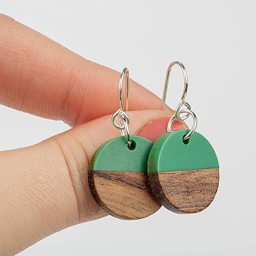Miniatura 6 de Split Resin and Wood Circle Dangle Drop Earrings  Sterling Silver Bohemian Earrings  Multiple Colors Available (Green)