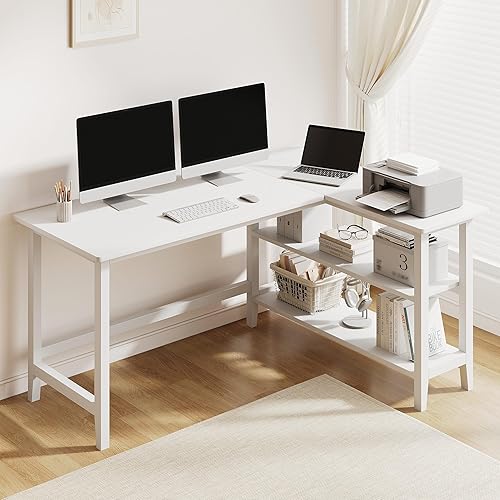 Miniatura 12 de IOTXY Reversible L-Shaped Office Desk - 45" Compact Corner Computer Table with Storage Shelves, Solid Wood Legs, Writing & Study Workstation for