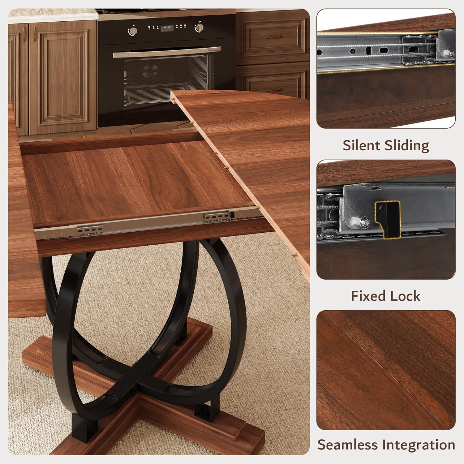 iPormis 59'' Extendable Round Dining Table for 4 to 6, Kitchen Table with Sturdy X-Base Metal Legs, MDF Board with Backboard Clasp, Space Saving, Easy Assembly, Kitchen, Dining Room, Walnut