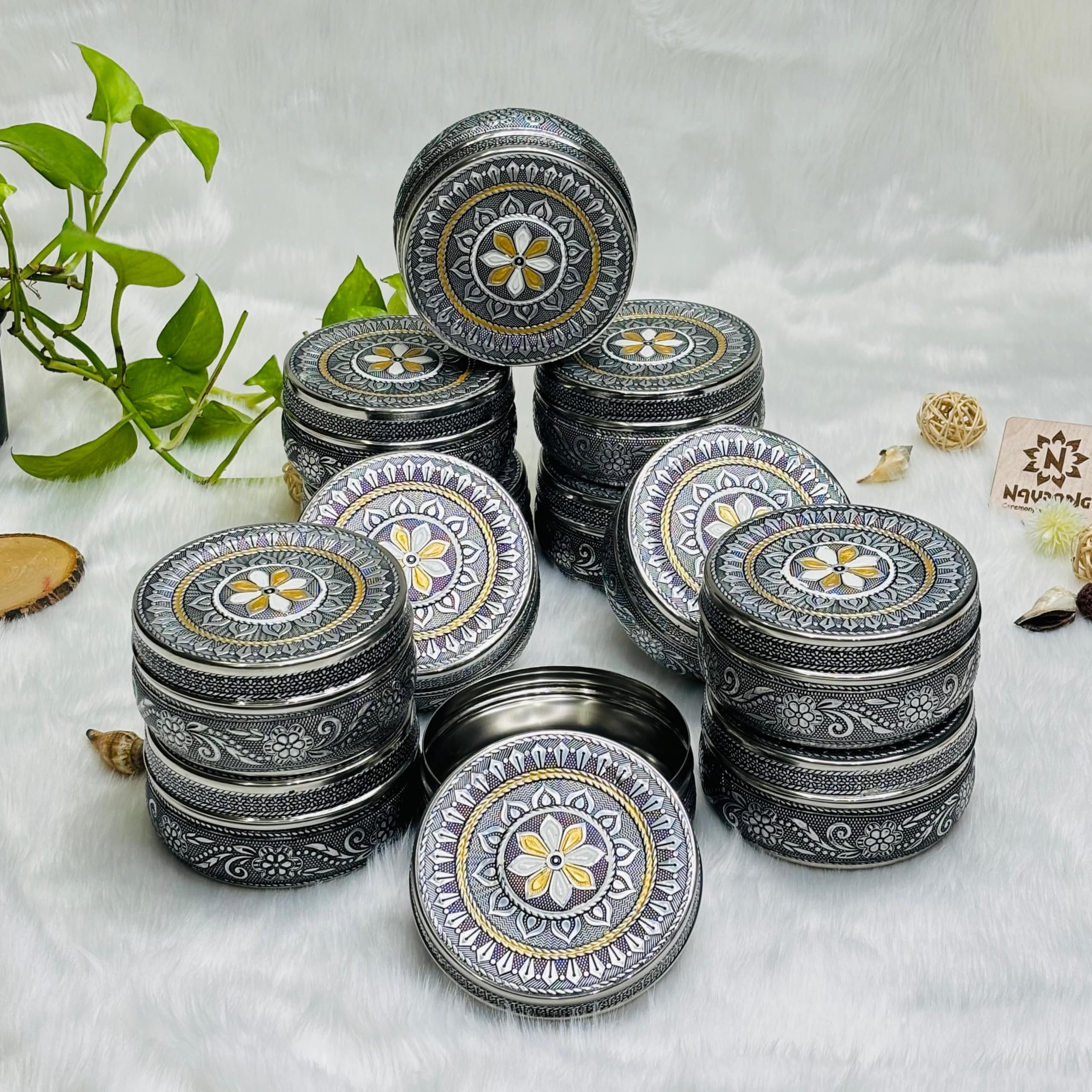 NAVRANG Stainless Steel Container Box Meenakari Storage Box Return Gifts (Pack of 12, Black)-image-28