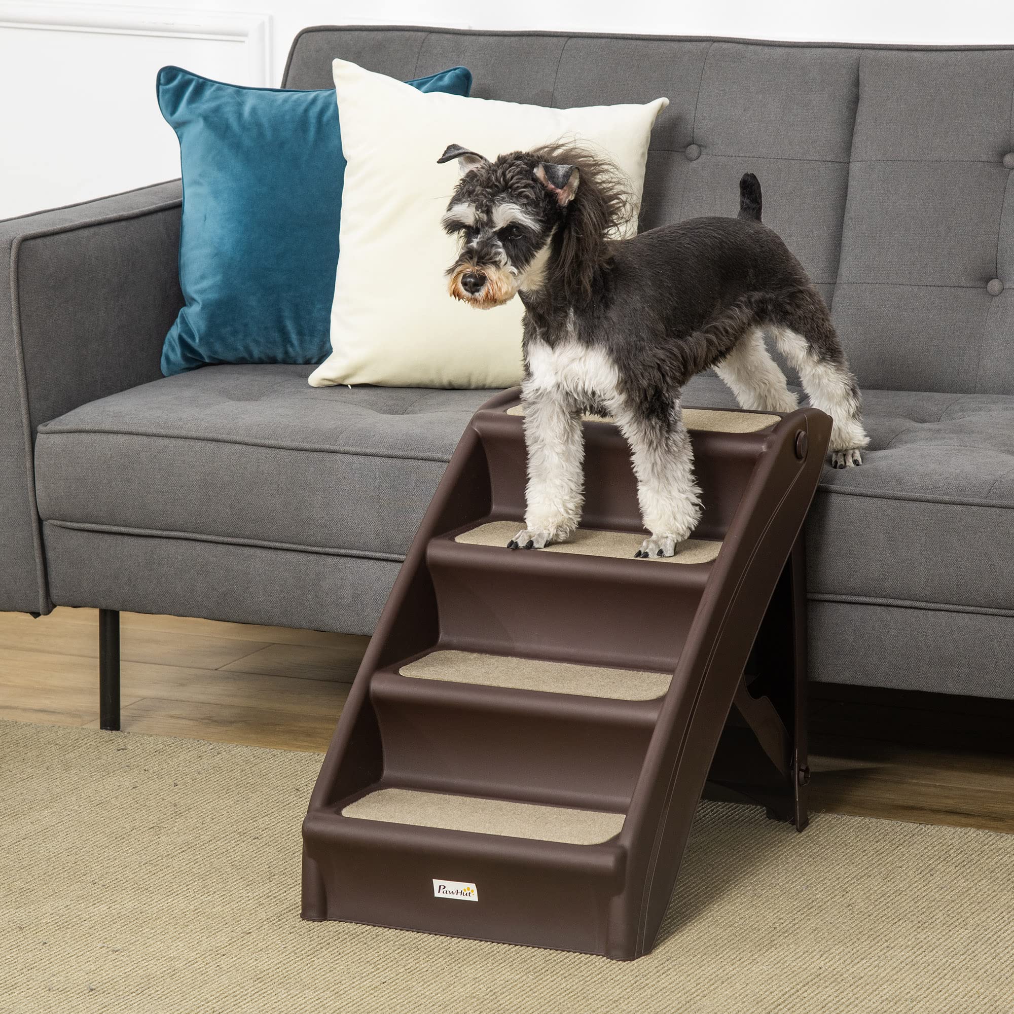 PawHut Scaletta per Cani Pieghevole con 4 Gradini Antiscivolo, Scala per Animali Domestici fino 10 kg in PP, 62x38x49.5cm, Marrone Scuro
