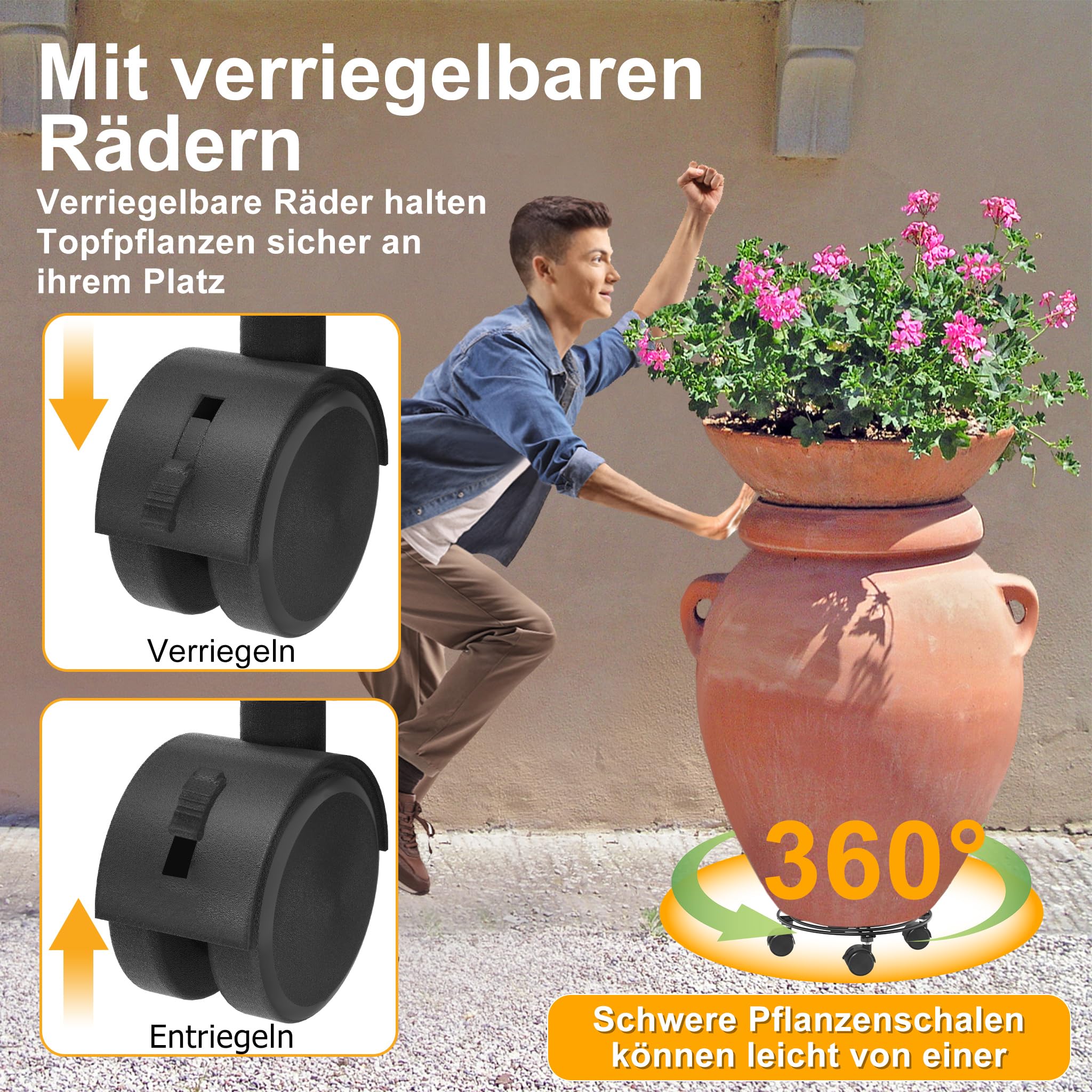 YRHome 2 Stück Pflanzenroller Metall Blumenroller Schwarz für Außenbereich & Innenbereich Blumentopf Untersetzer mit Rollen Pflanzen Caddy mit Rädern Pflanze Roller Basis - Rund Ø30cm - Bis 150KG