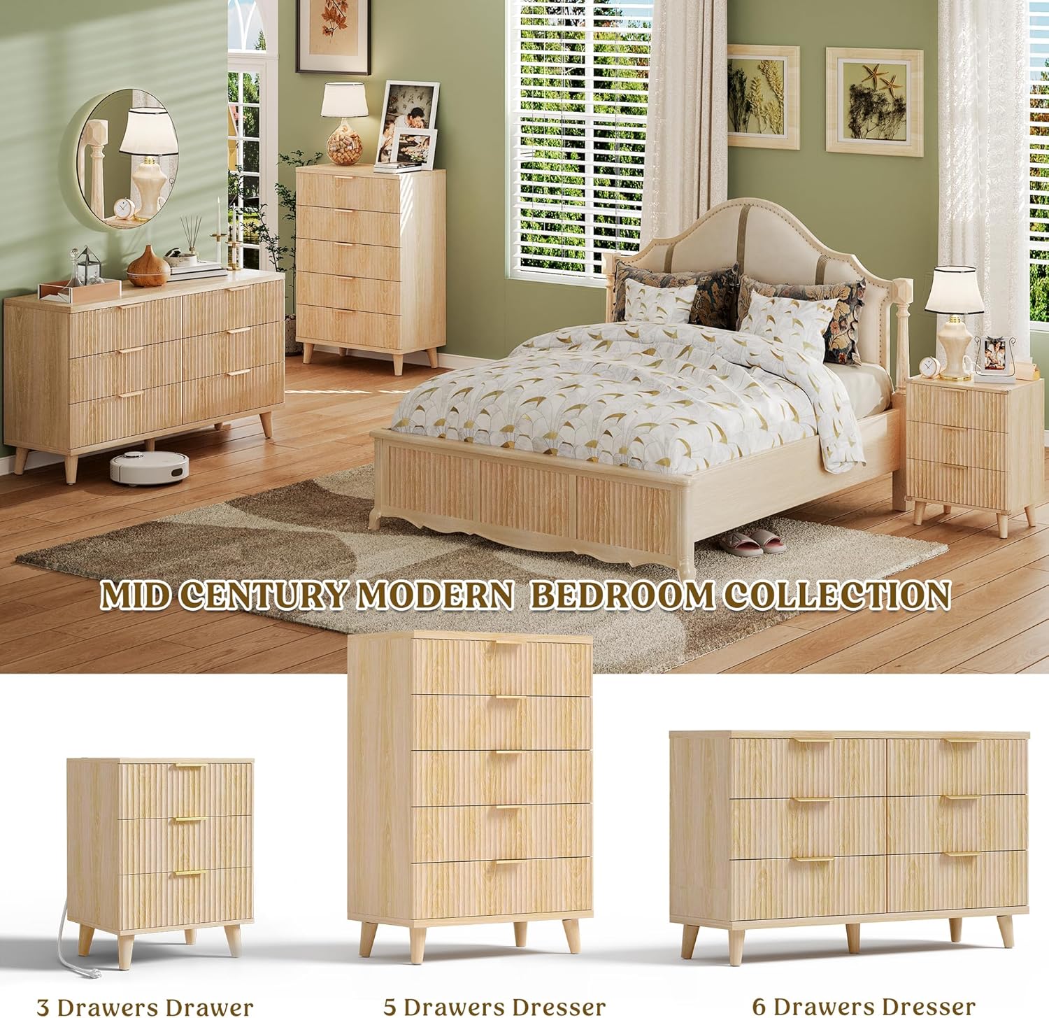 Lulive Dresser for Bedroom Wood Dressers Chest of Drawers, Fluted 53.2" Wide Modern Long Dresser TV Stand 6 Drawers for Bedroom, Closet, Living Room, Hallway (Natural) - Image 6