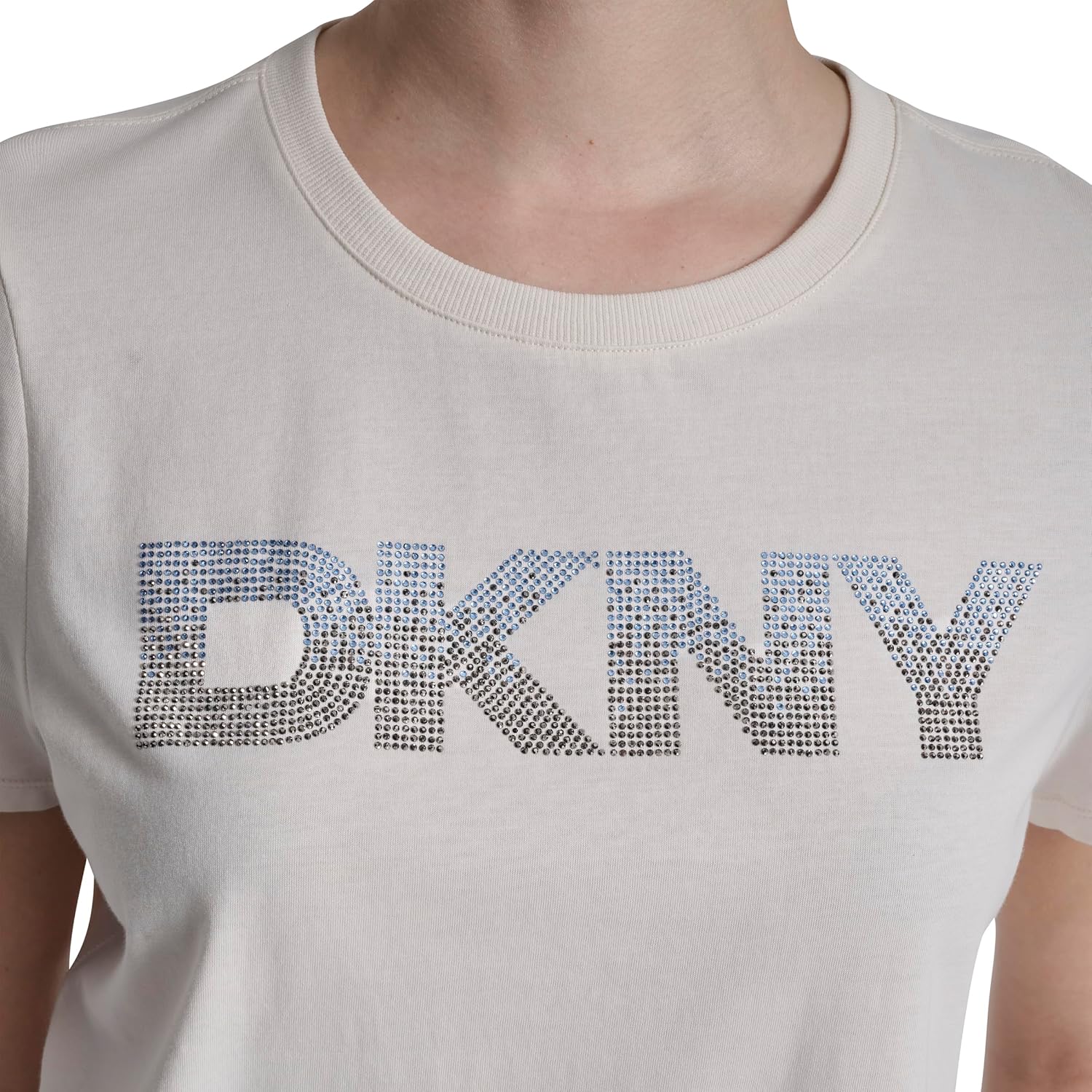 DKNY Womens Short Sleeve Crew Neck Ombre Rhinestone Logo T-Shirt - Image 6