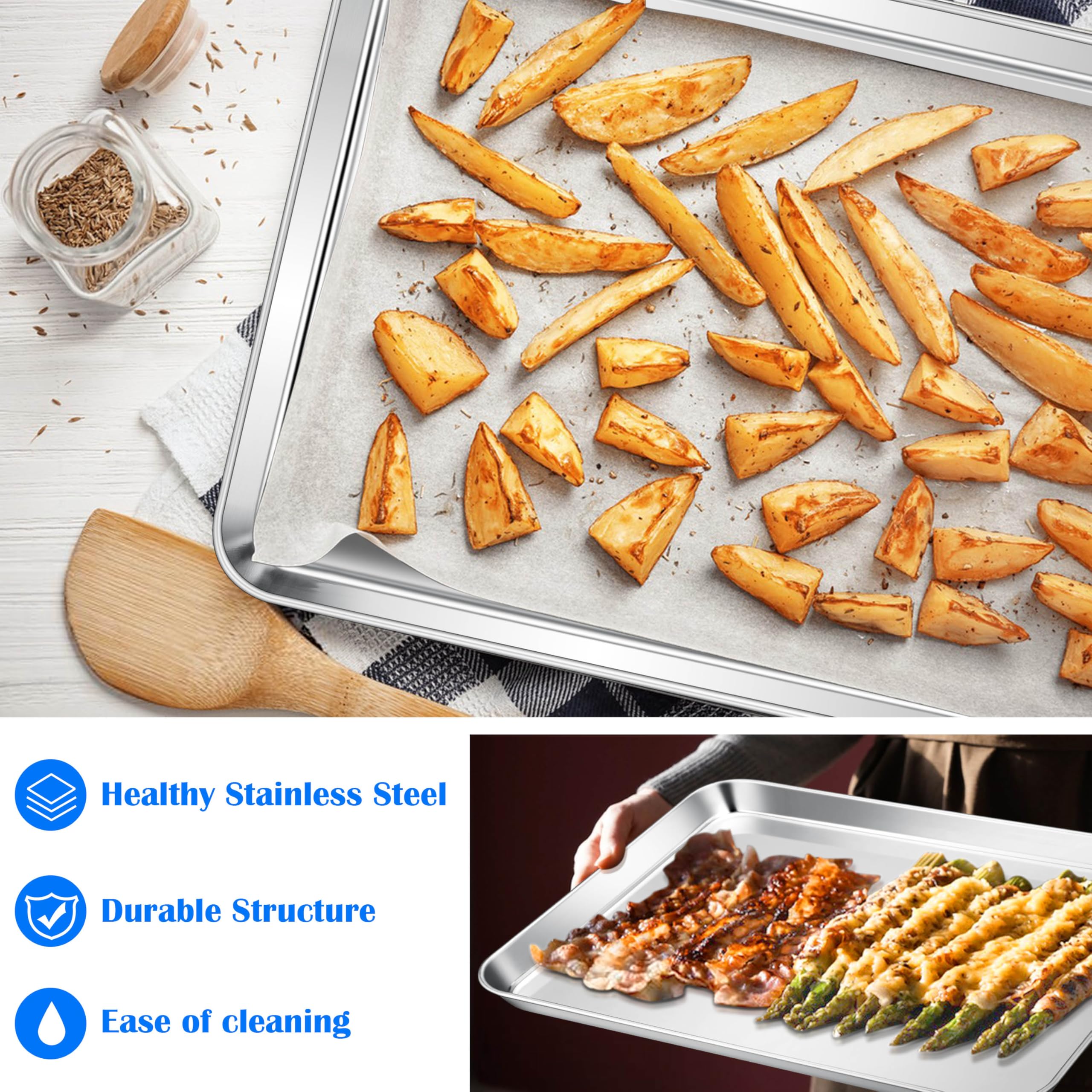 E-far Bandejas grandes para hornear, bandejas de acero inoxidable de 20 x 14 pulgadas para horno, bandejas de metal grandes no tóxicas para hornear galletas de pasteles, saludables y sin óxido,