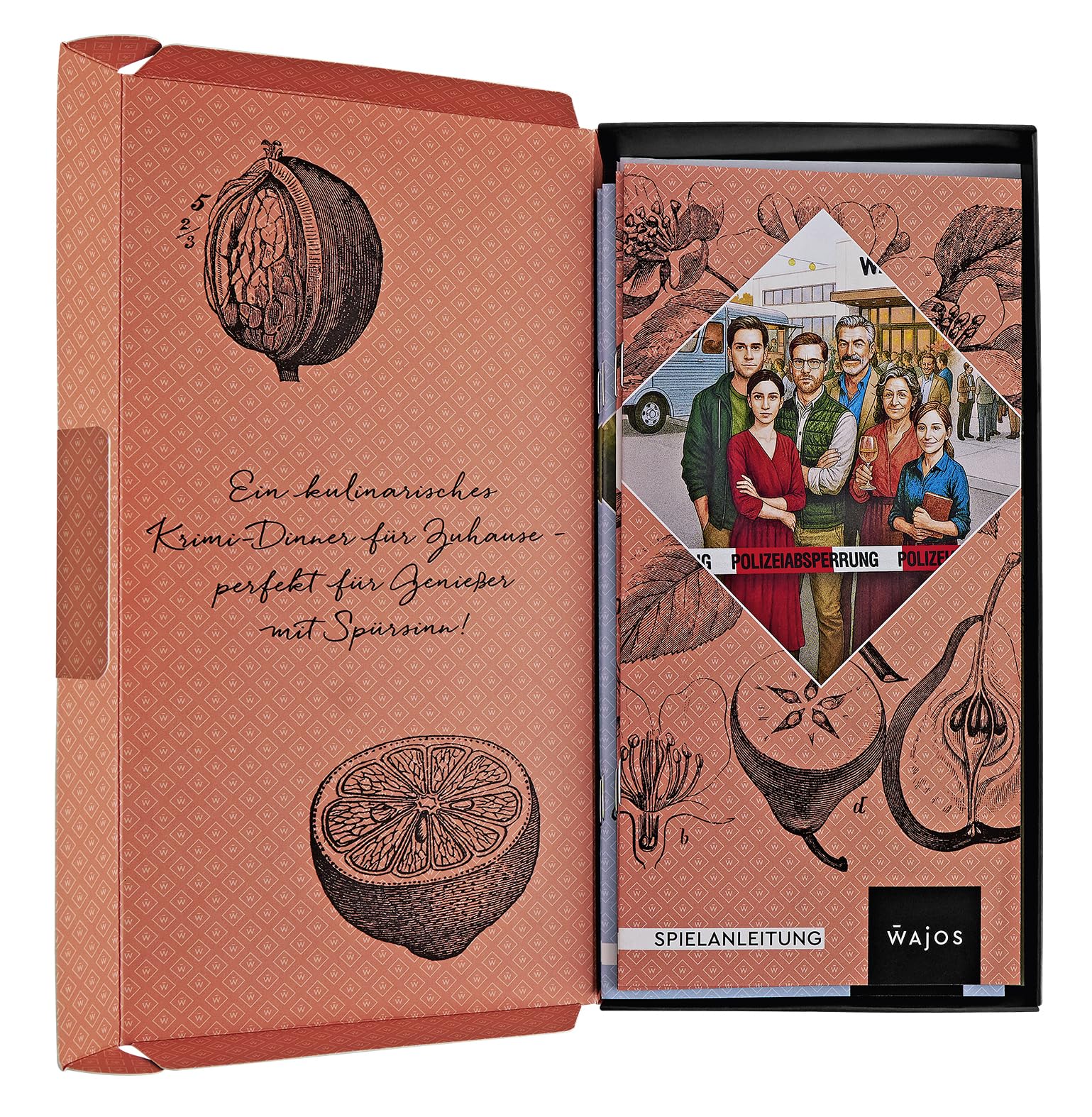 Krimi Dinner für zuhause: Wajos Krimi Dinner „Einweihung mit bitterem Nachgeschmack“ für 6 Personen inkl. Menü & 4 Feinkost-Produkten, Krimi Dinner Box für Genießer mit Spürsinn