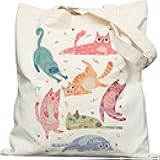 Canvas Tote Bag with Aesthetic Prints, Cute Tote Bag for Women Girls with Wide Strap, Gifts for Cat Book Lovers