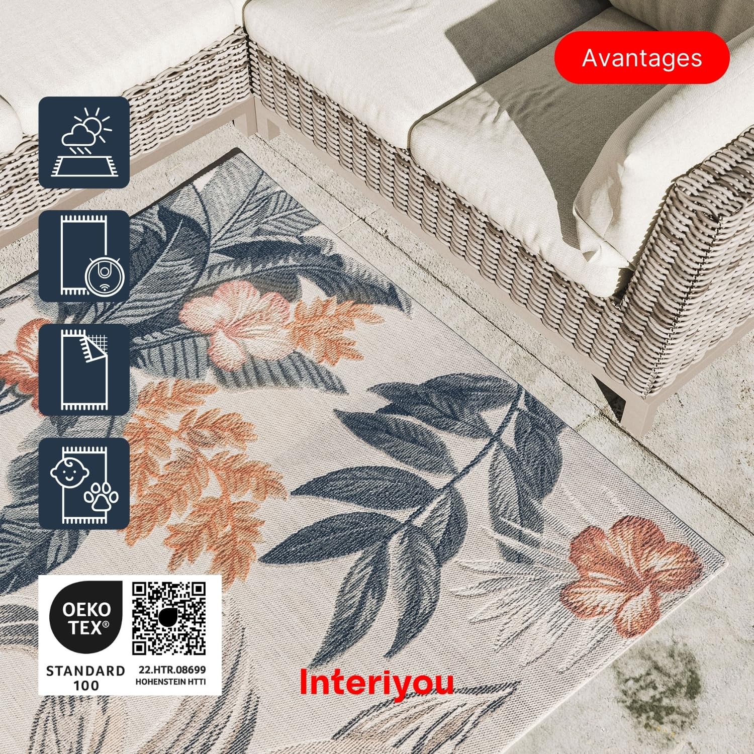 Interiyou Tapis extérieur Florenz - 160x230 Multicolore - Résistant aux UV pour Balcon, terrasse, Jardin ou Cuisine - Tissage Plat - pour d'entrée intérieur, Chambre, Salon, Bureau