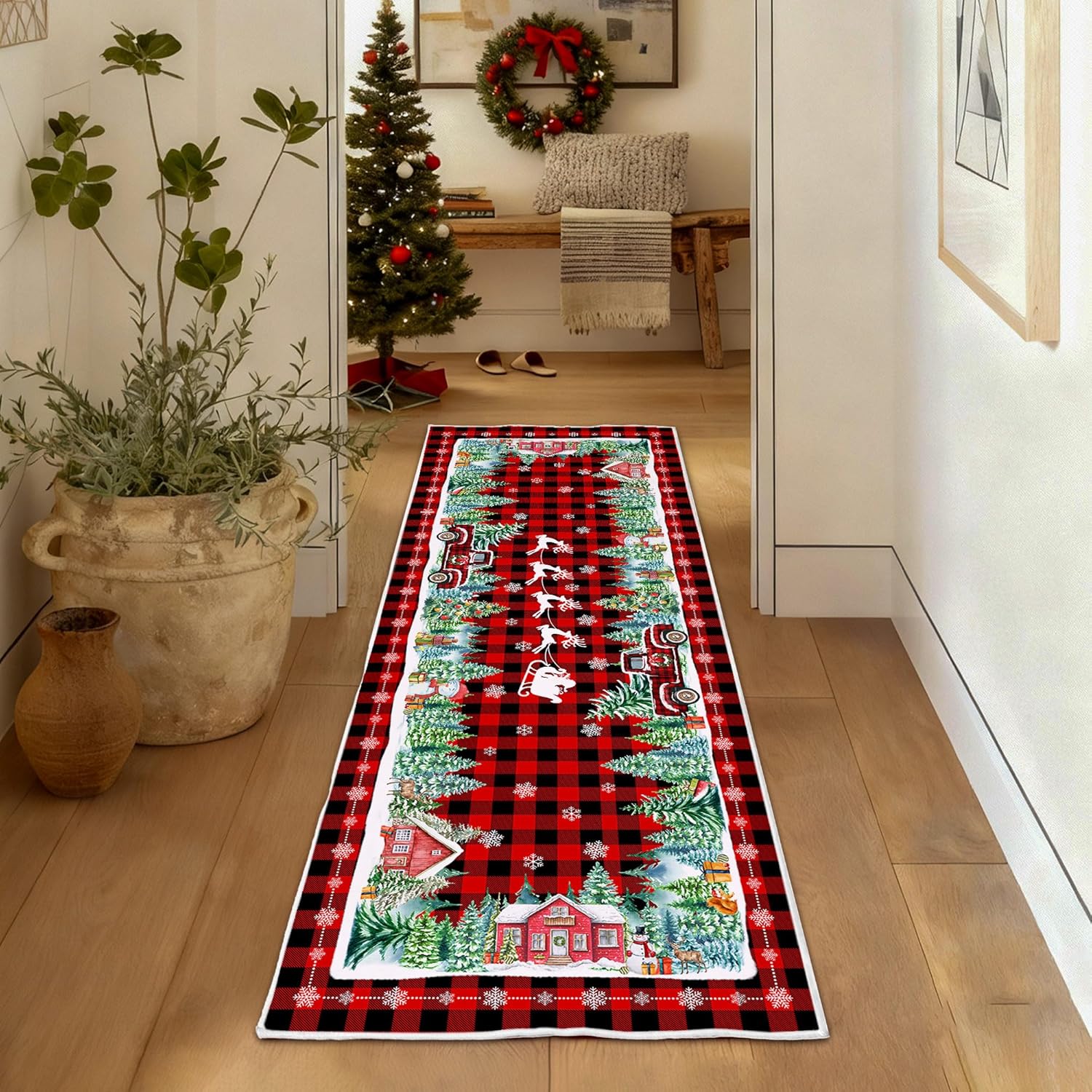Christmas Runner Rug 2x6, Red Plaid Truck Kitchen Mat - Xmas Washable Non Slip Low Pile Christmas Area Rugs for Floor Hallway Laundry Bedroom Holiday Decor