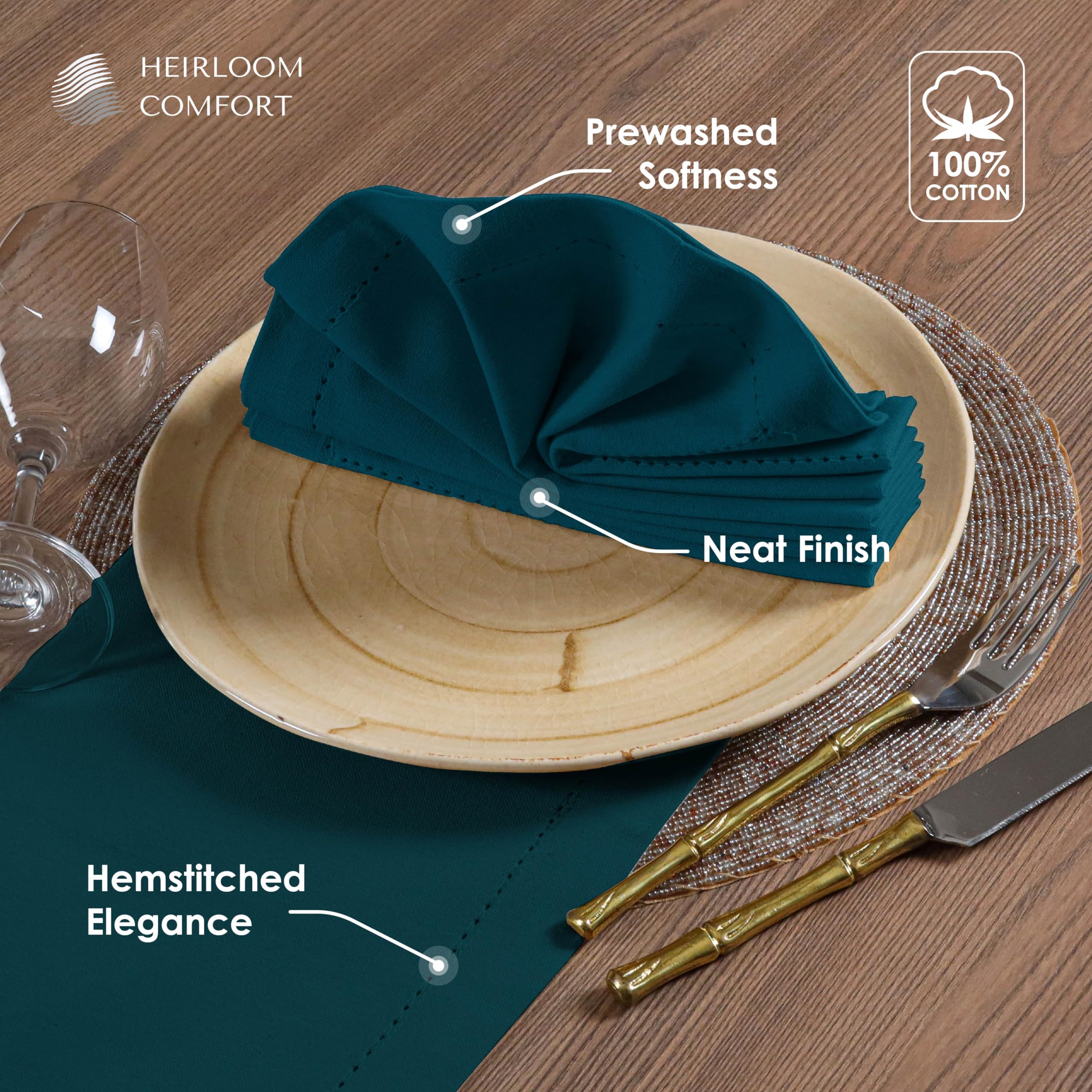 HEIRLOOM COMFORT Teal Green Cloth Napkins 45x45 cm, 12 Pack, 100% Cotton, Absorbent, Soft, Durable, Reusable, Washable - Image 3