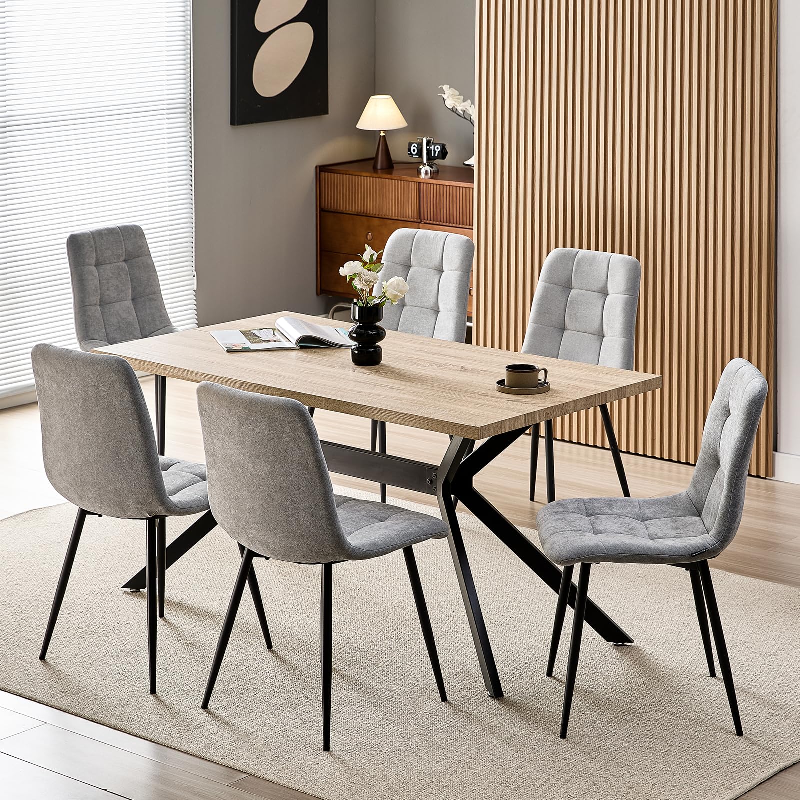 WAFTING Lot de 6 Chaises de Salle à Manger, Chaises Rembourrées avec Dossier Haut, Chaises de Cuisine Carré avec Base en Métal, pour la Salle à Manger, Salon, Cuisine et Réception, Gris