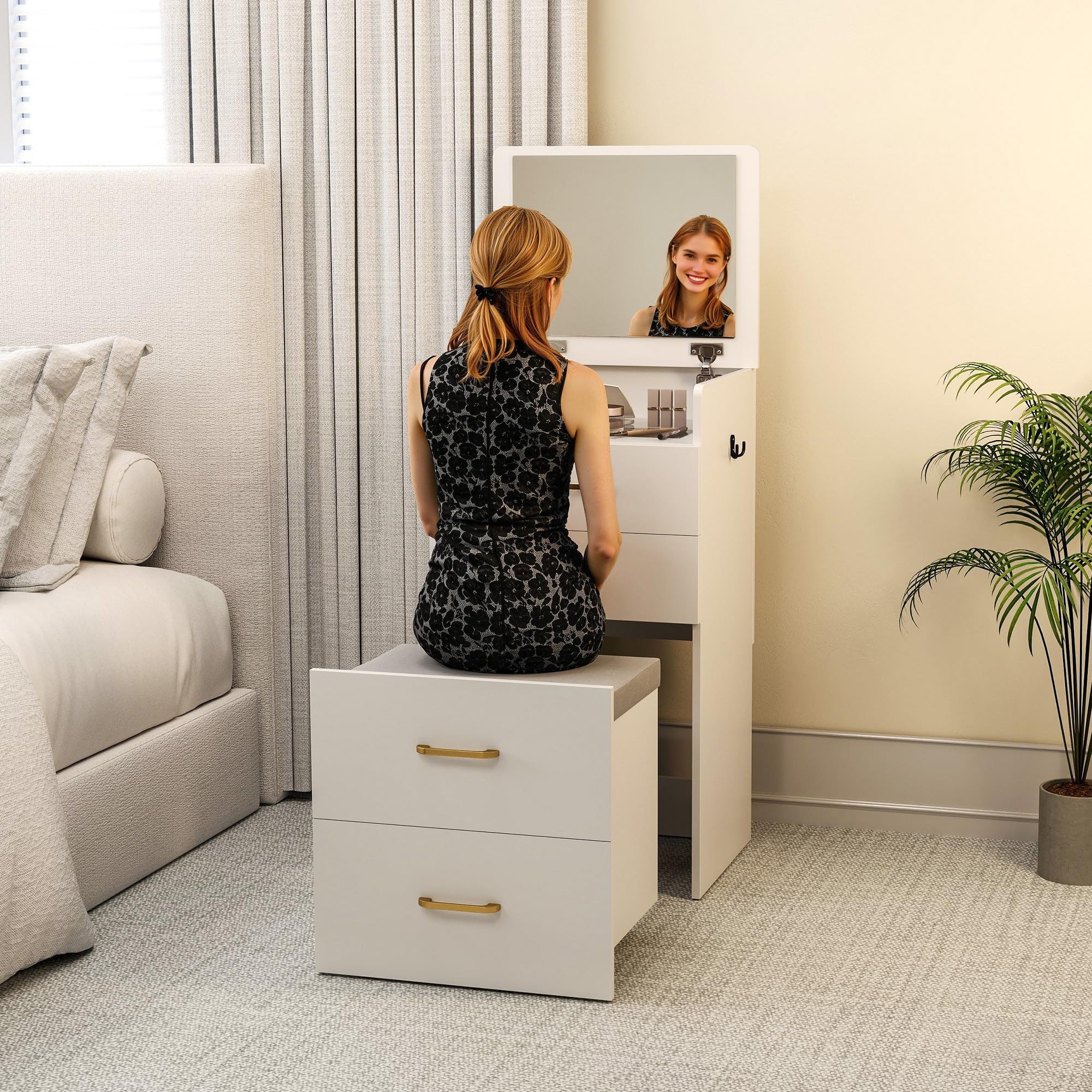 HOMCOM Coiffeuse avec Miroir et Tabouret 3 en 1 48 x 40 x 90 cm Blanc | Table de Maquillage, Plateau en Verre Visible, 3 Tiroirs, Coussin Rembourré, Roulettes, Bureau Coiffeuse