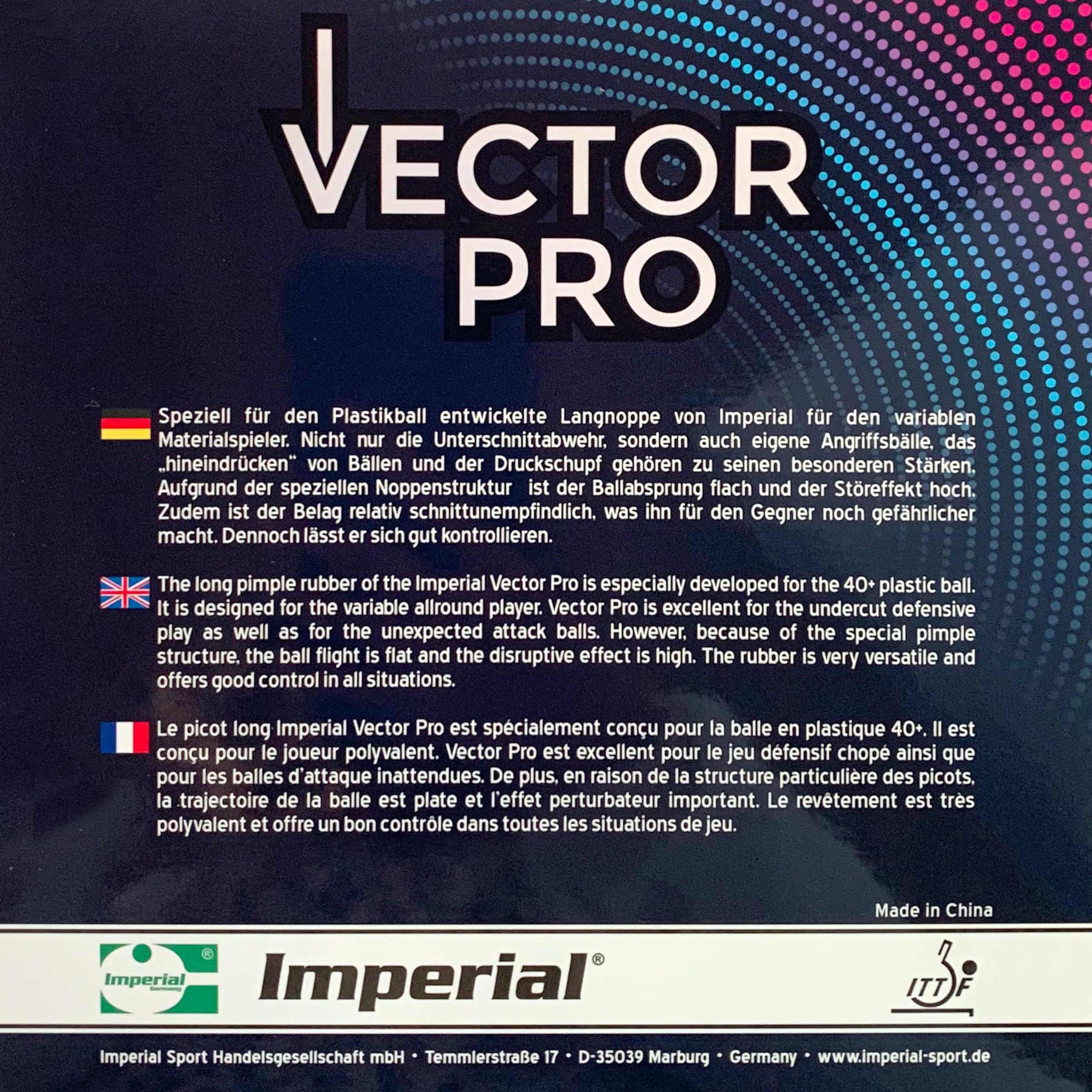 Imperial Vector Pro Revêtement Tennis Table Picots Longs Défensif Homologué ITTF
