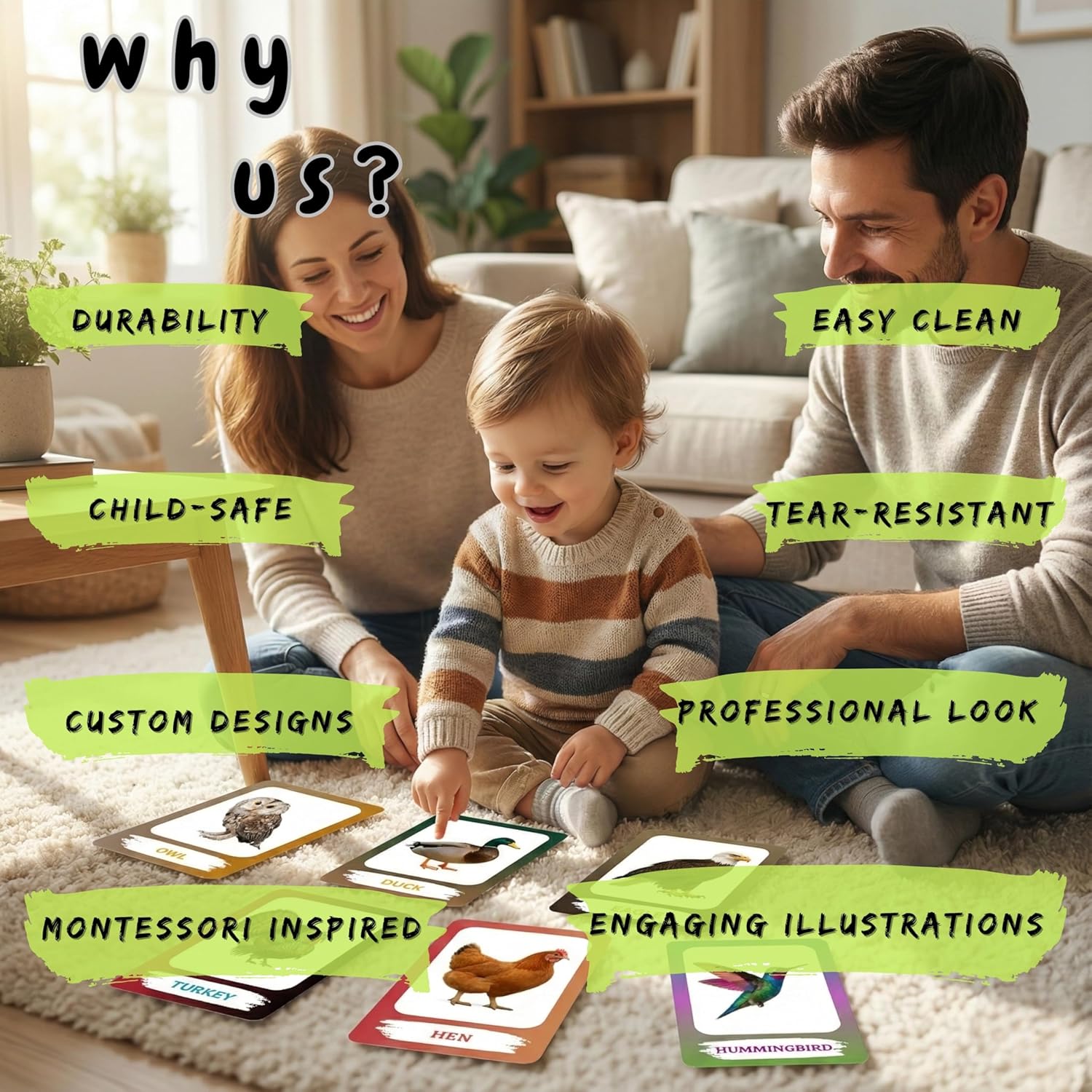 Birds Flashcards – Non-Tearable Synthetic Learning Cards for Toddlers, Preschool & Kindergarten, Double-Sided Set