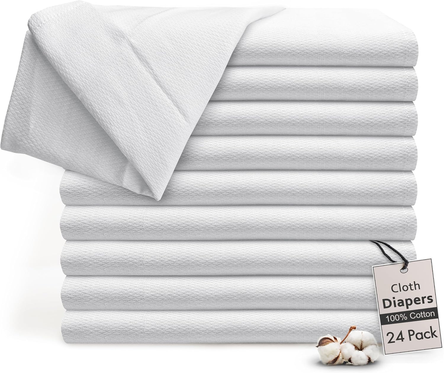 RUVANTI Unisex Birdseye Flat-Fold Cloth Diapers for Babies 24 Pack, 100% Cotton Reusable Diaper Inserts 23x23 Inches, White