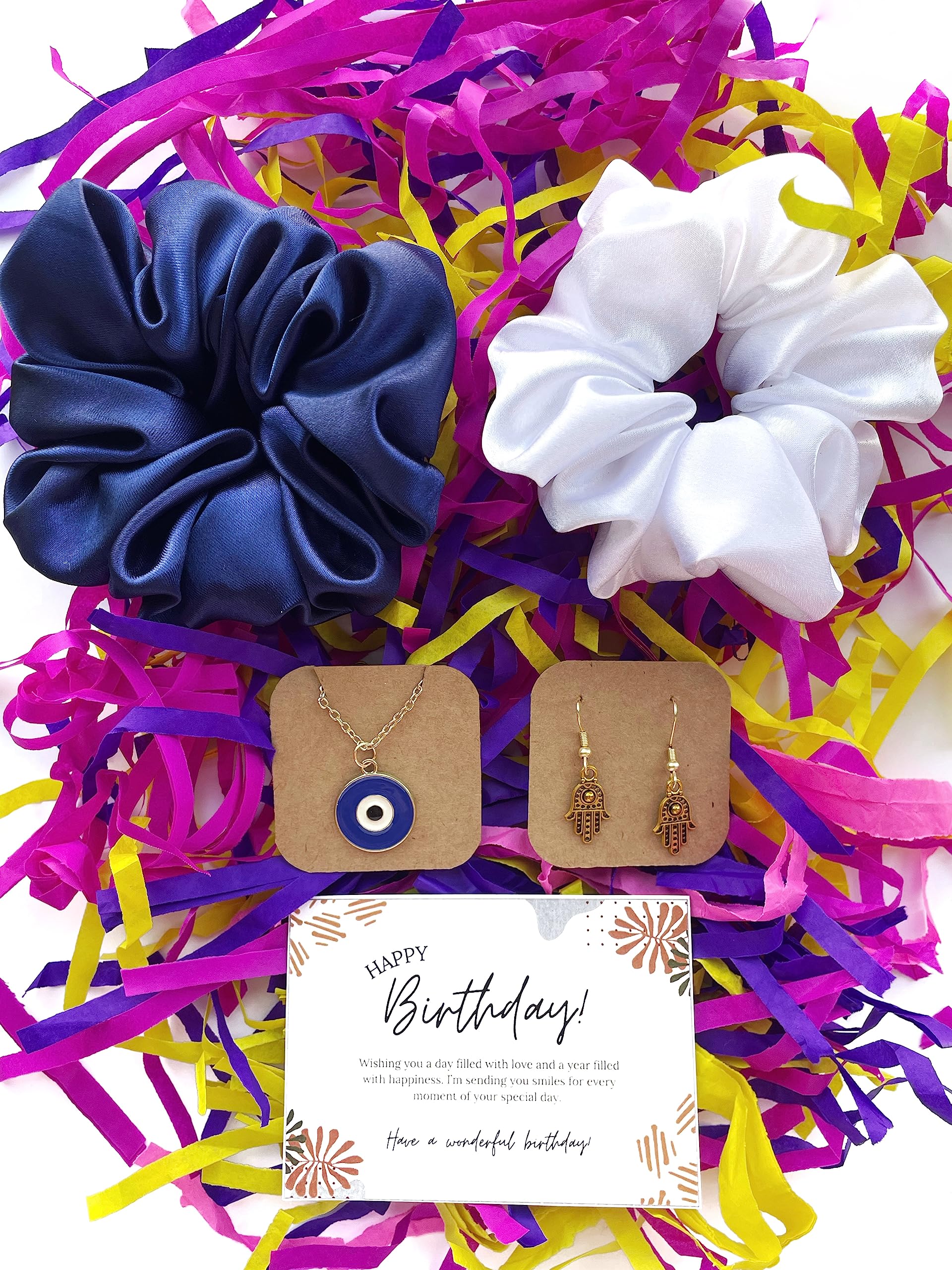 See full amazon price history chart for Evil Eye Birthday Gift Combo for Women and Girls, 1 Navy Blue and 1 White Scrunchie, 1 Evil Eye Chain, 1 Pair Hamsa Earrings, 1 Happy Birthday Card, Free Size Gift Combo Evil Eye Birthday Gift Combo for Women and Girls, 1 Navy Blue and 1 White Scrunchie, 1 Evil Eye Chain, 1 Pair Hamsa Earrings, 1 Happy Birthday Card, Free Size Gift Combo (B0BFK2JWX3) Amazon Price History, Amazon Price Tracker