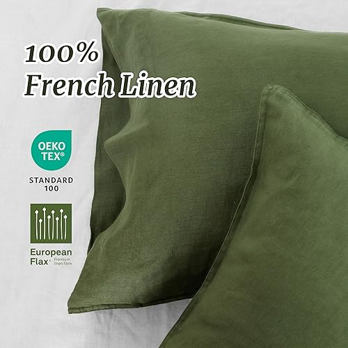 Miniatura 7 de Juego de 2 fundas de almohada 100% lino francés, tamaño Queen (20 x 30 pulgadas), color sólido lavado a la piedra, suave y transpirable (verde