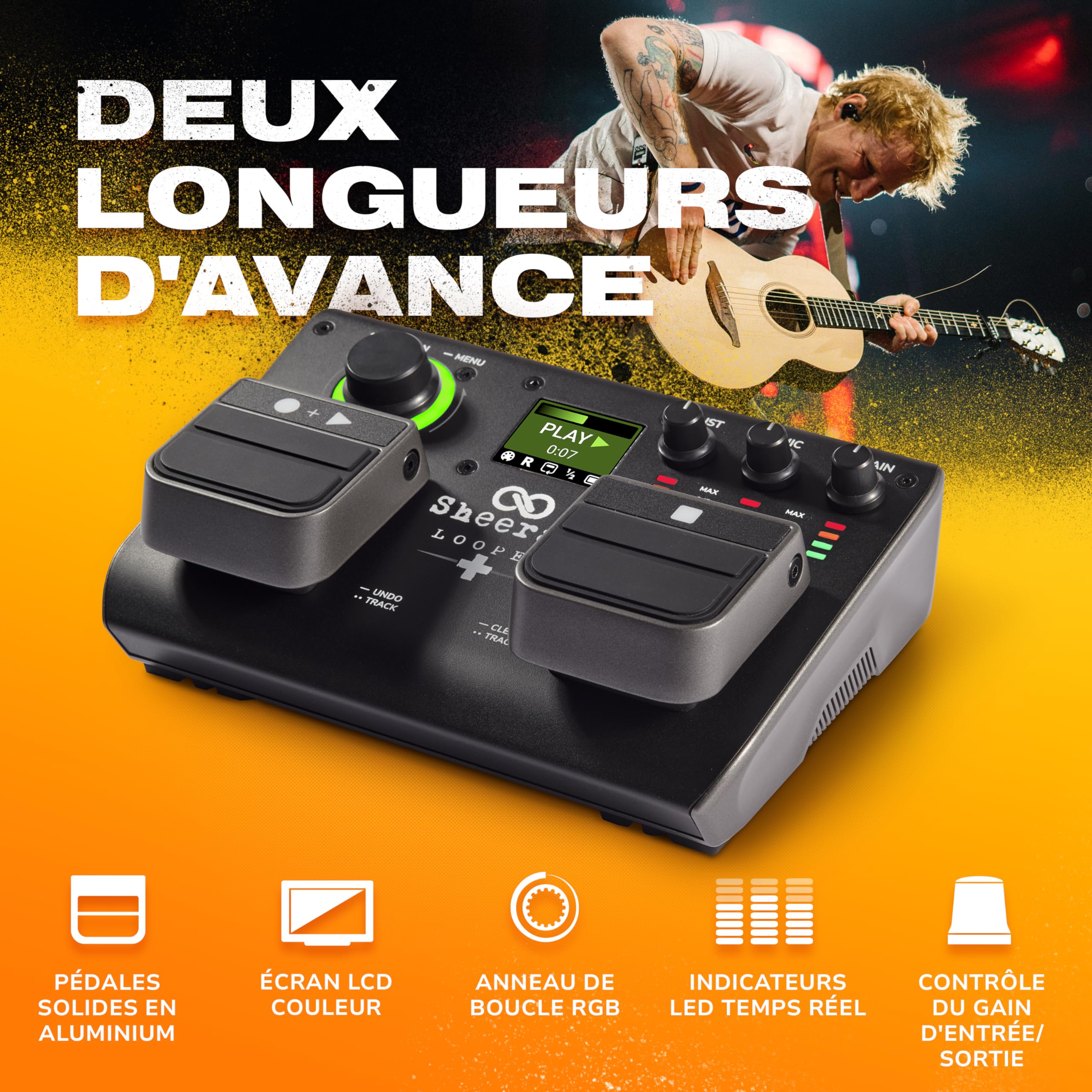 Sheeran Looper + Pédale de Looper Double Piste | 4 Modes de Boucle, 3 Heures de Stockage, Écran LED, Interface Audio, pour Guitare, Basse, Clavier, Chant
