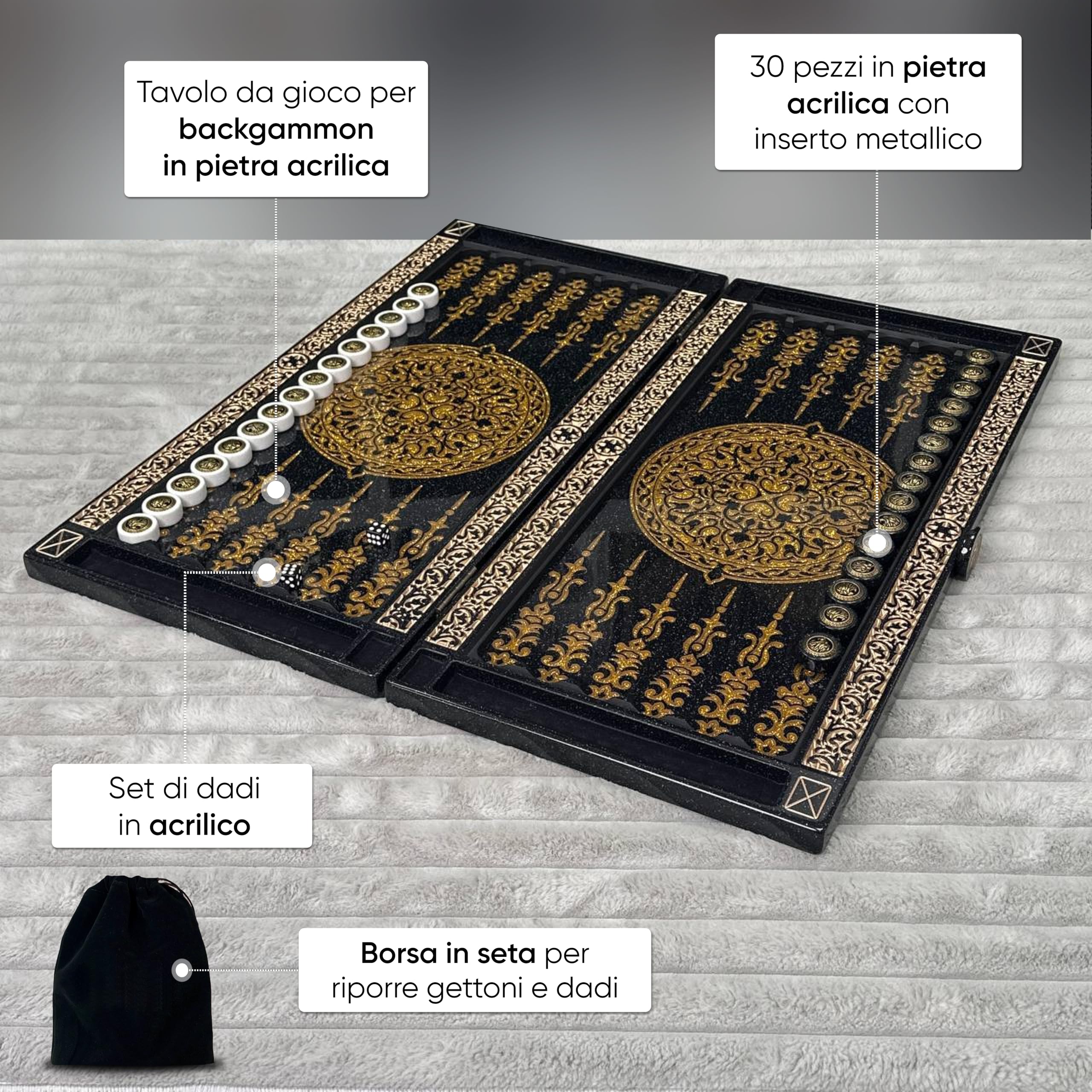 Backgammon di lusso "Leone d'oro" – Realizzato a mano in pietra acrilica e resina – 58 × 28 cm – Design reale e regalo con personalizzazione (Premium Size 58 cm)