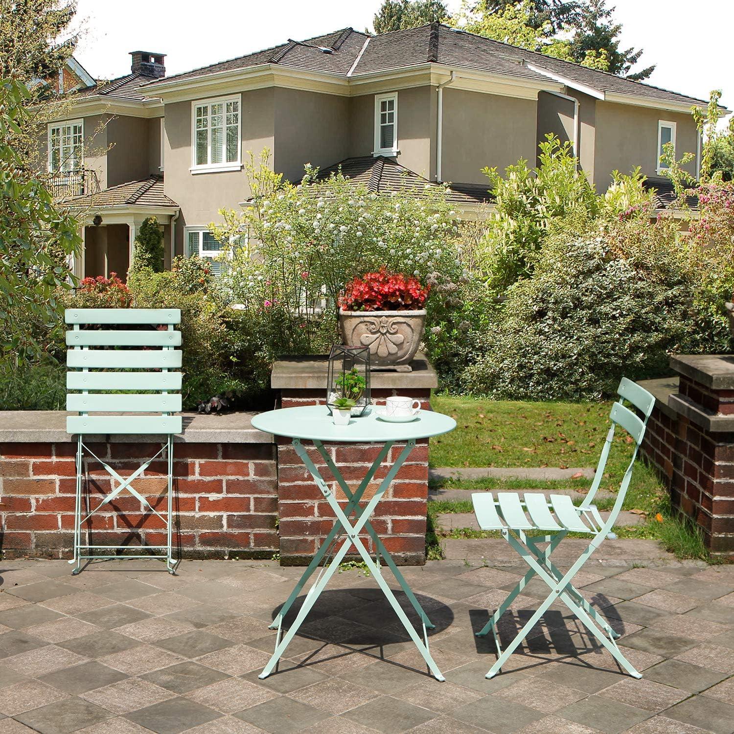 Grand patio 3pc Metal Folding Bistro Set, 2 Chairs and 1 Table, Weather-Resistant Outdoor/Indoor Conversation Set for Patio, Yard, Garden-Macaron Blue : Patio, Lawn & Garden