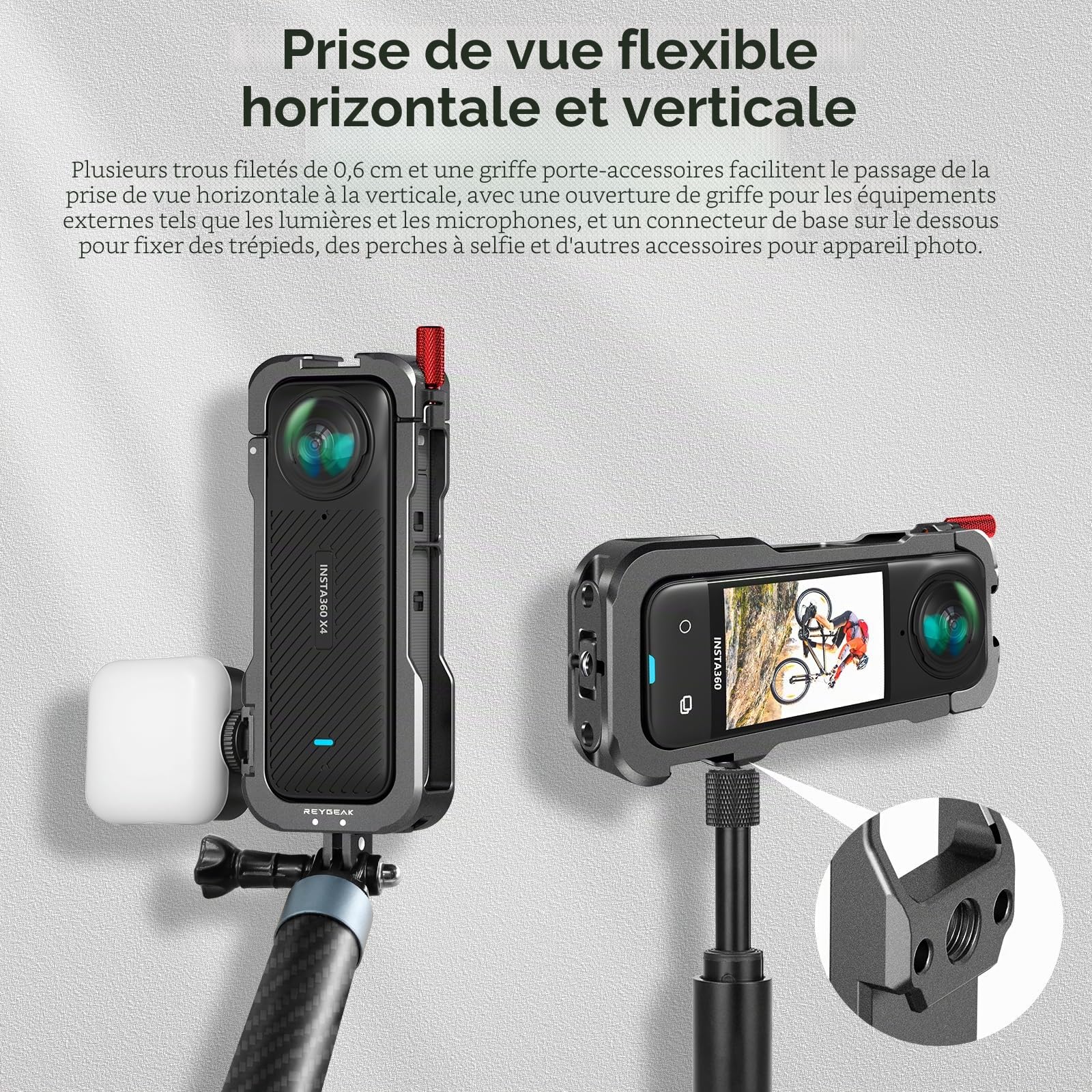 REYGEAK Coque pour Insta360 X4, Cadre Utilitaire en Aluminium pour Insta360 X4, Cage de Protection avec Couvercle d'objectif en Silicone, Interface Griffe avec Filetage 6,35 mm, Doigts Pliables