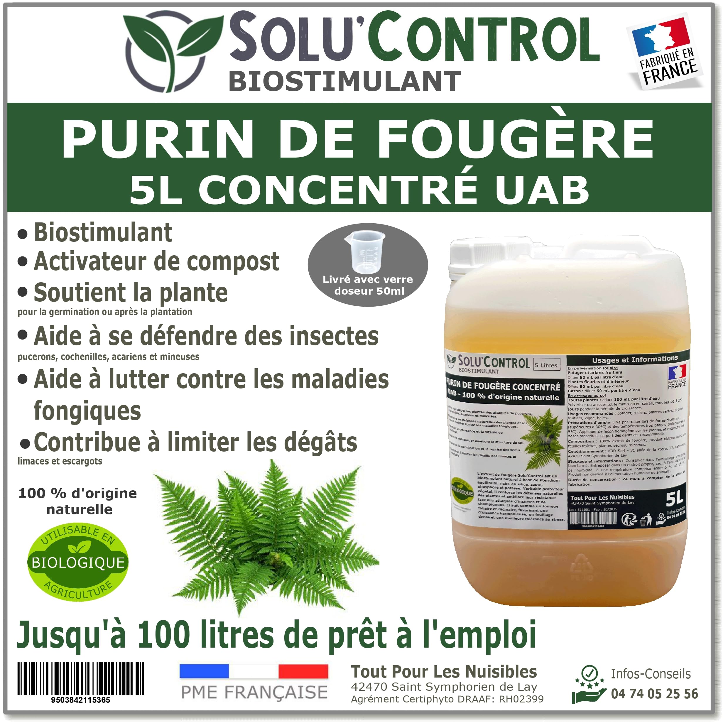 Purin de Fougère Solu’Control – 5L Concentré UAB – Biostimulant Naturel – Aide à Se Défendre des Insectes & Maladies Fongiques – Activateur de Compost – 100% Naturel – Fabriqué en France