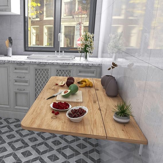 60x110 cm Oval Corner Fixed Shelf Wall Mounted Crushing Folding Dining and Kitchen Table (Pine Wood Pattern)