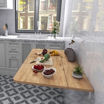 60x110 cm Oval Corner Fixed Shelf Wall Mounted Crushing Folding Dining and Kitchen Table (Pine Wood Pattern)