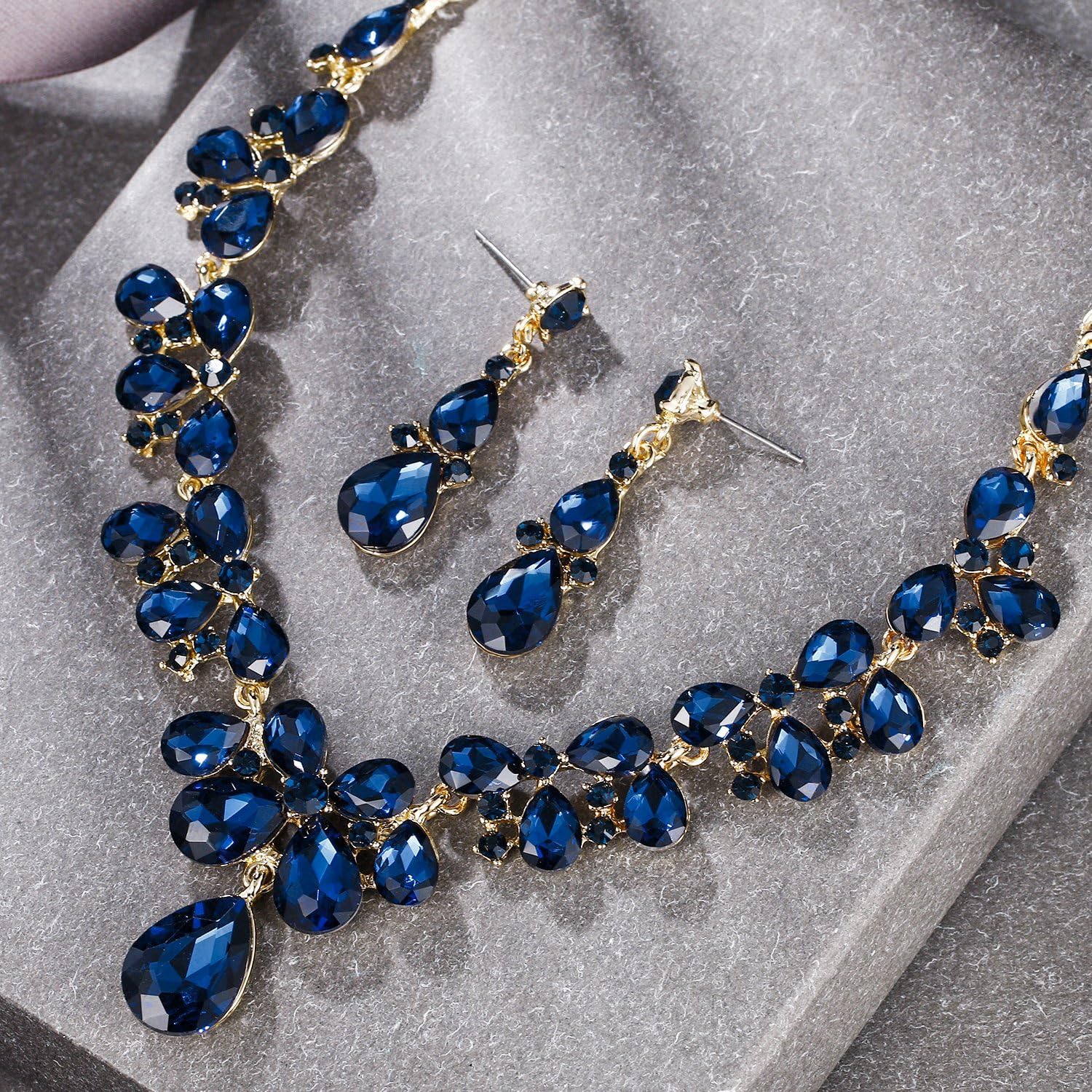 BriLove Women's Wedding Bridal Crystal Teardrop Cluster Statement Necklace Dangle Earrings Set - Image 3