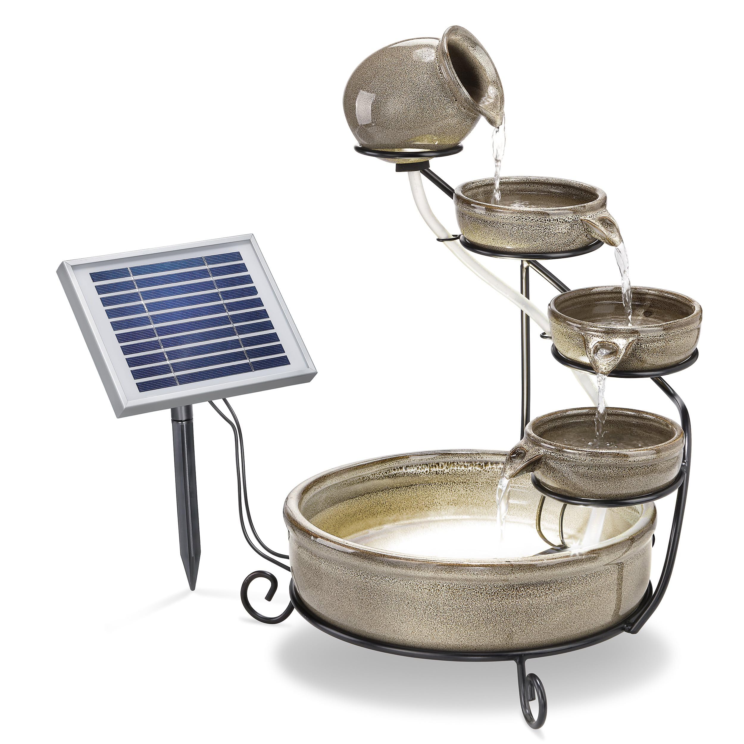 esotec Solar Kaskadenbrunnen Keramik Gartenbrunnen Pisa, Akku + LED Wasserspiel Springbrunnen außen, terrakotta grau H=55cm 101300