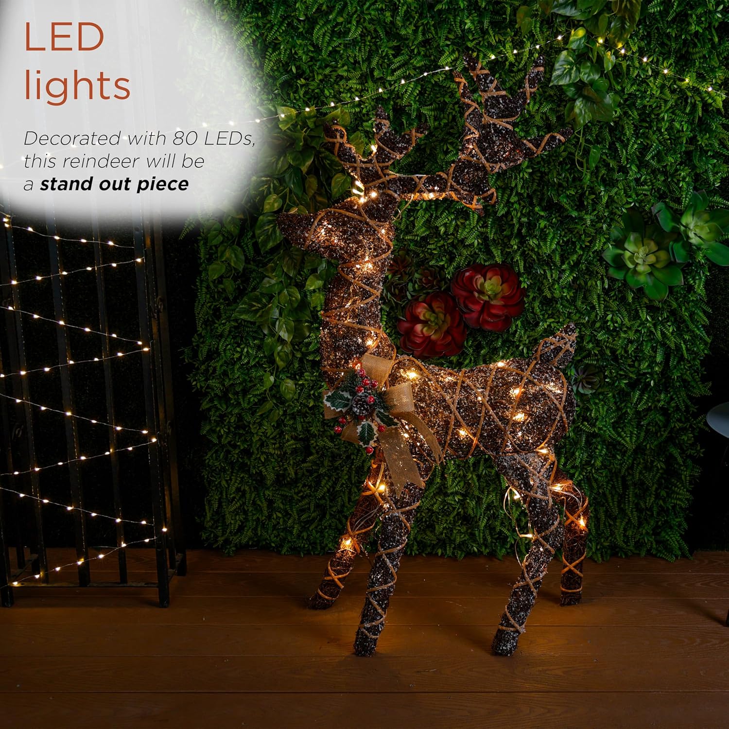 Alpine Corporation 48" Tall 3D Natural Rattan Reindeer with 80 Warm White LED Lights, Indoor/Outdoor Christmas Holiday Yard Decor Garden Display - Image 6