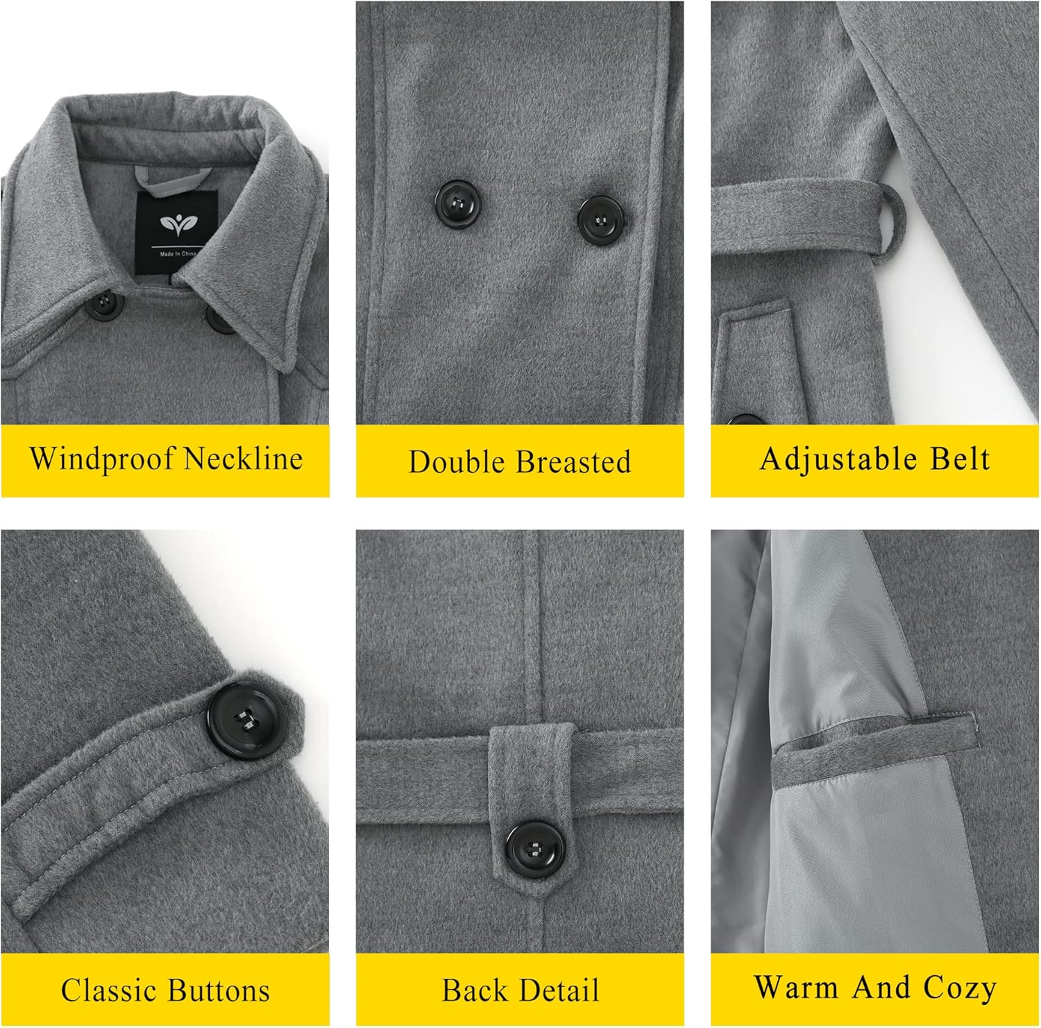 GGleaf Women's Double Breasted Pea Coat Slim Winter Mid-Long Trench Coat with Long Belt