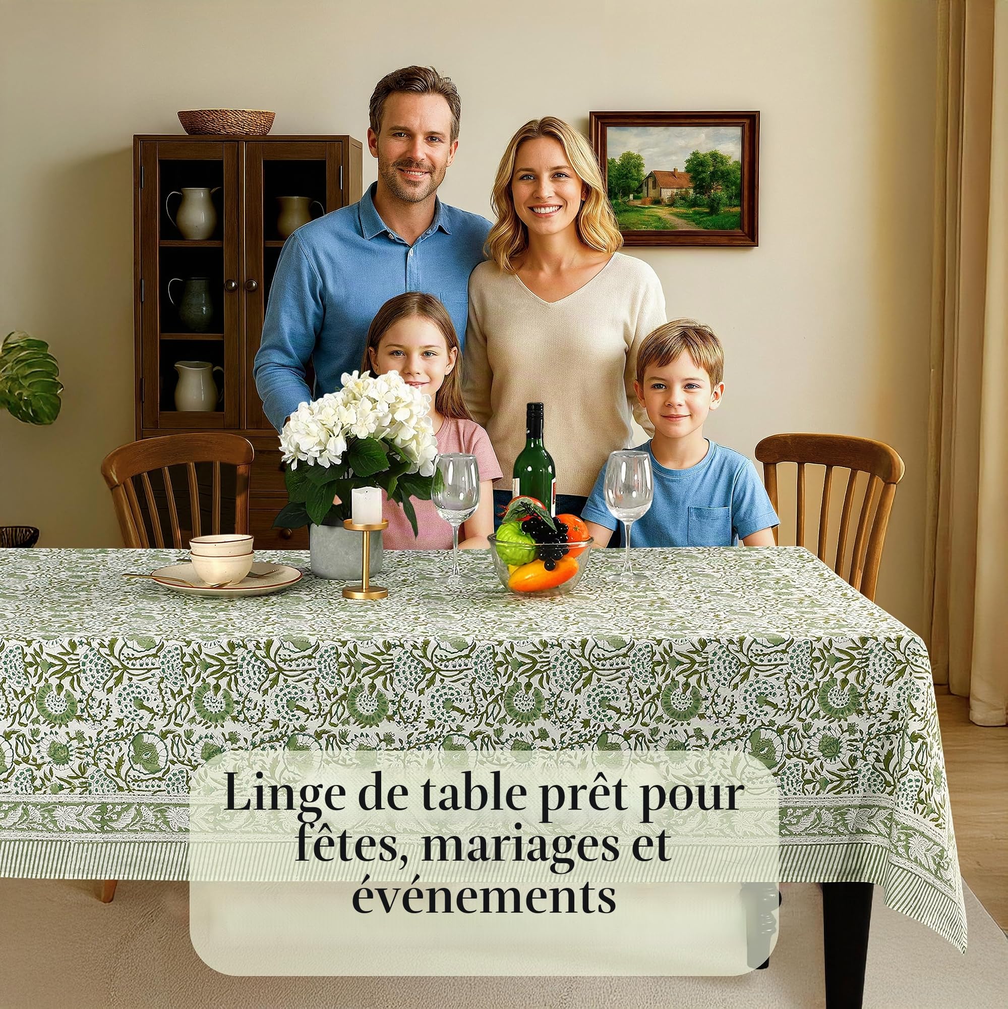 CPC Nappe rectangulaire 100% Coton - Imprimé Main Indienne - 4 Places - 152,4 x 152,4 cm - Lavable et réutilisable - pour Maison, Restaurant, hôtel, événement et Utilisation Quotidienne